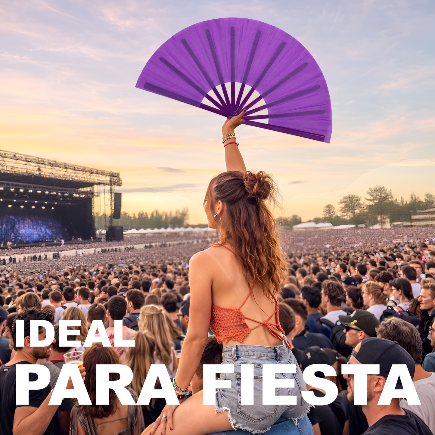 Home Universal® Abanico XXL 33 cm Grande de Plástico con Caja – Plegable, Ligero y Resistente – Efecto Fluorescente Brillante – Ideal para Verano, Fiesta, Discoteca, Pride y Eventos - Morado (Liso)