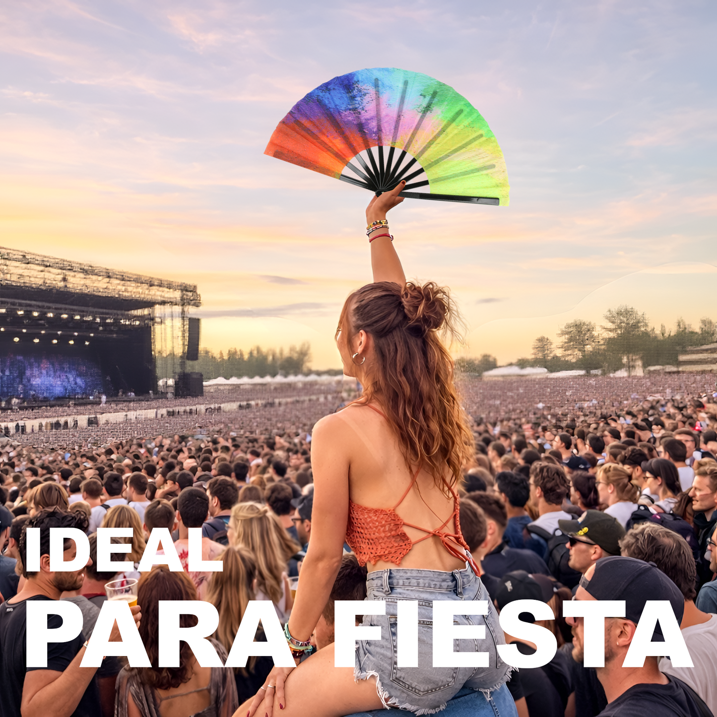 Home Universal® Abanico XXL 33 cm Grande de Plástico con Caja – Plegable, Ligero y Resistente – Efecto Fluorescente Brillante – Ideal para Verano, Fiesta, Discoteca, Pride y Eventos - Neón Arcoíris – Reacciona a la Luz UV