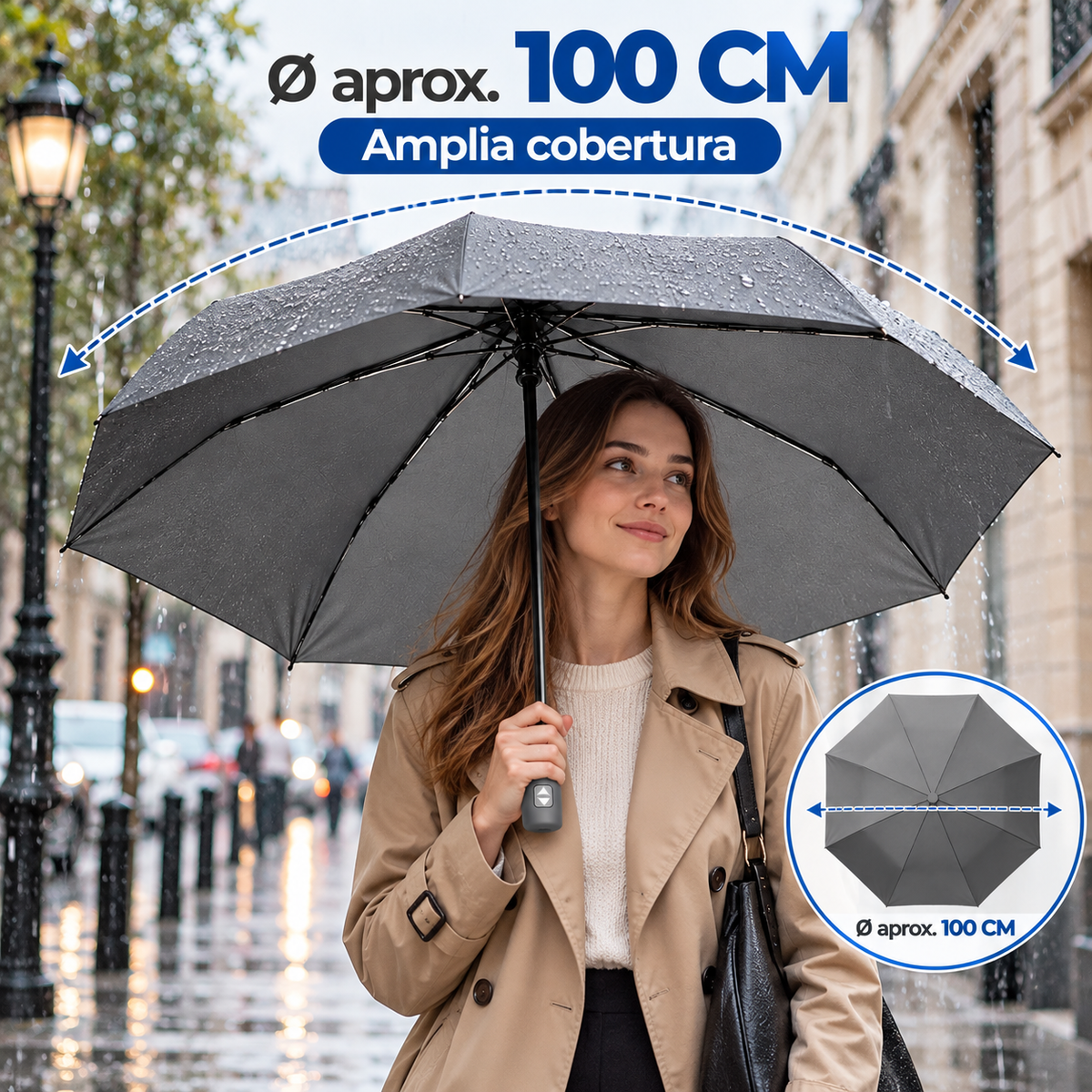 Home Universal® Paraguas Automático Plegable Grande, Compacto y Resistente, para Lluvia y Sol (Automático Apertura y Cierre (Gris))