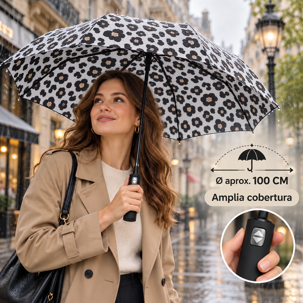 Home Universal® Paraguas Automático Plegable Grande, Compacto y Resistente, para Lluvia y Sol (Automático Apertura y Cierre (Leopardo Blanco Negro))