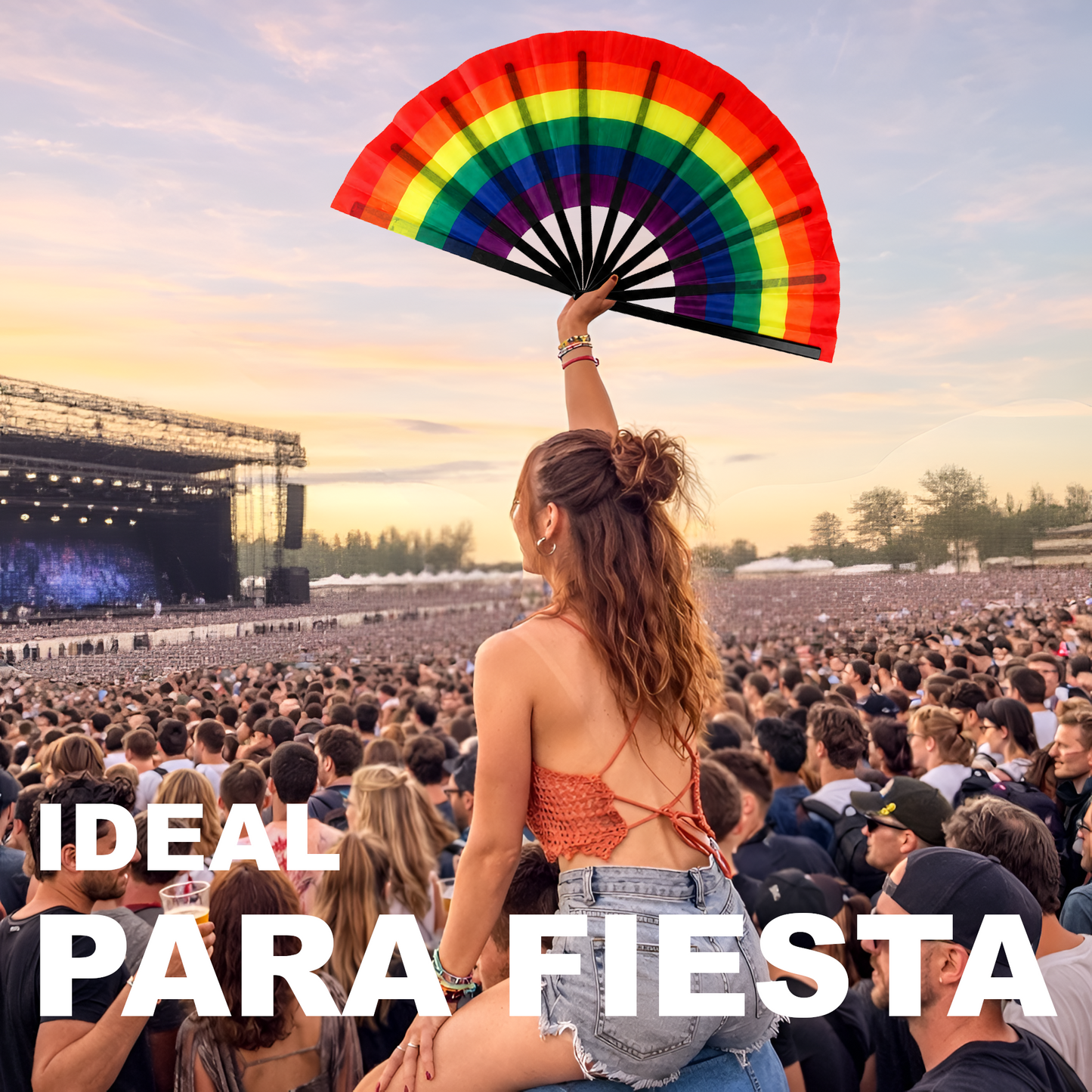 Home Universal® Abanico XXL 33 cm Grande de Plástico con Caja – Plegable, Ligero y Resistente – Efecto Fluorescente Brillante – Ideal para Verano, Fiesta, Discoteca, Pride y Eventos - ARCOIRIS_Noir (Estampado)