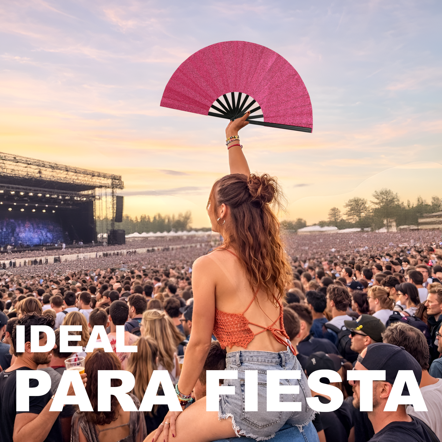 Home Universal® Abanico XXL 33 cm Grande de Plástico con Caja – Plegable, Ligero y Resistente – Efecto Fluorescente Brillante – Ideal para Verano, Fiesta, Discoteca, Pride y Eventos - Rosa (Purpurina)