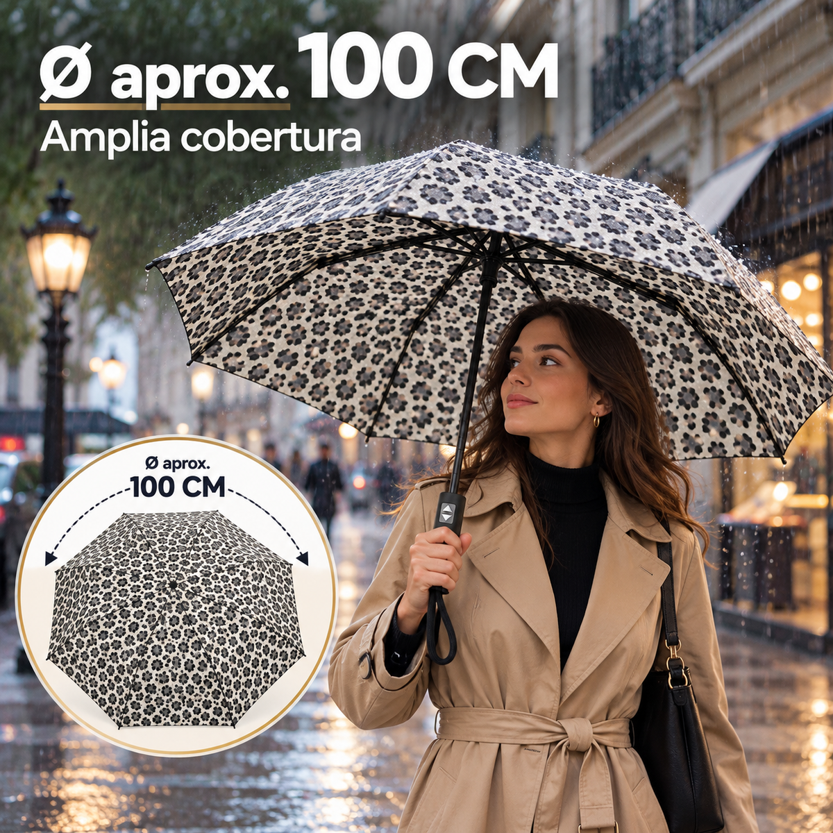 Home Universal® Paraguas Automático Plegable Grande, Compacto y Resistente, para Lluvia y Sol (Automático Apertura y Cierre (Leopardo Gris))