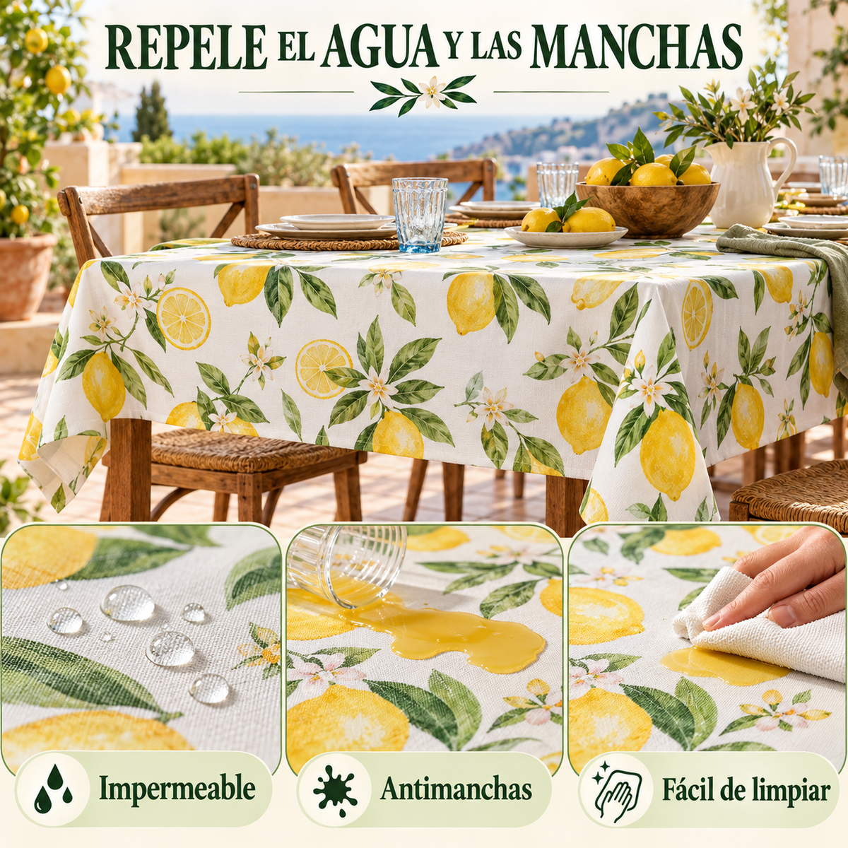 Home Universal® Mantel de Mesa Impermeable y Antimanchas, Tejido de Loneta con Efecto Lino , Liso o Estampado, para Cocina y Comedor (Limones)