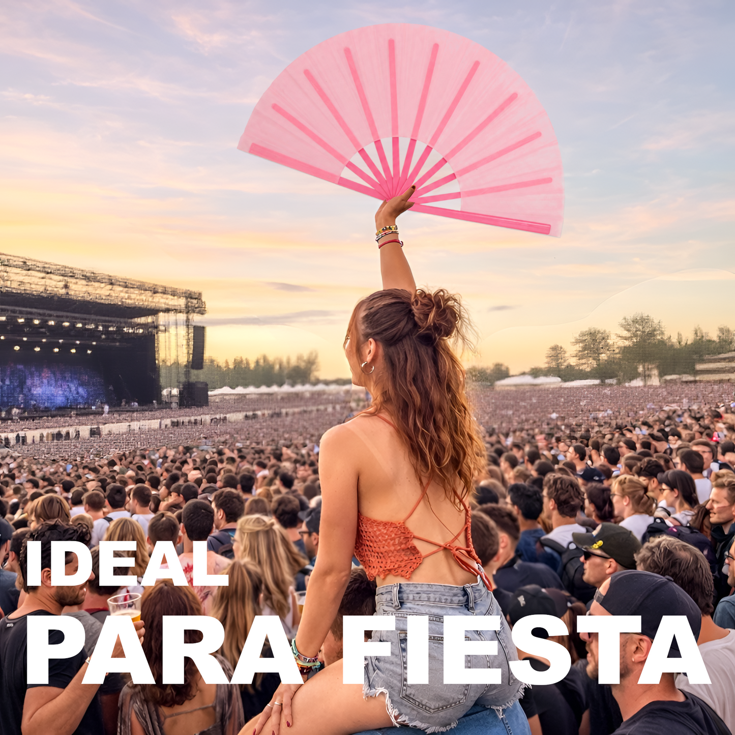 Home Universal® Abanico XXL 33 cm Grande de Plástico con Caja – Plegable, Ligero y Resistente – Efecto Fluorescente Brillante – Ideal para Verano, Fiesta, Discoteca, Pride y Eventos - Rosa Palo (Liso)