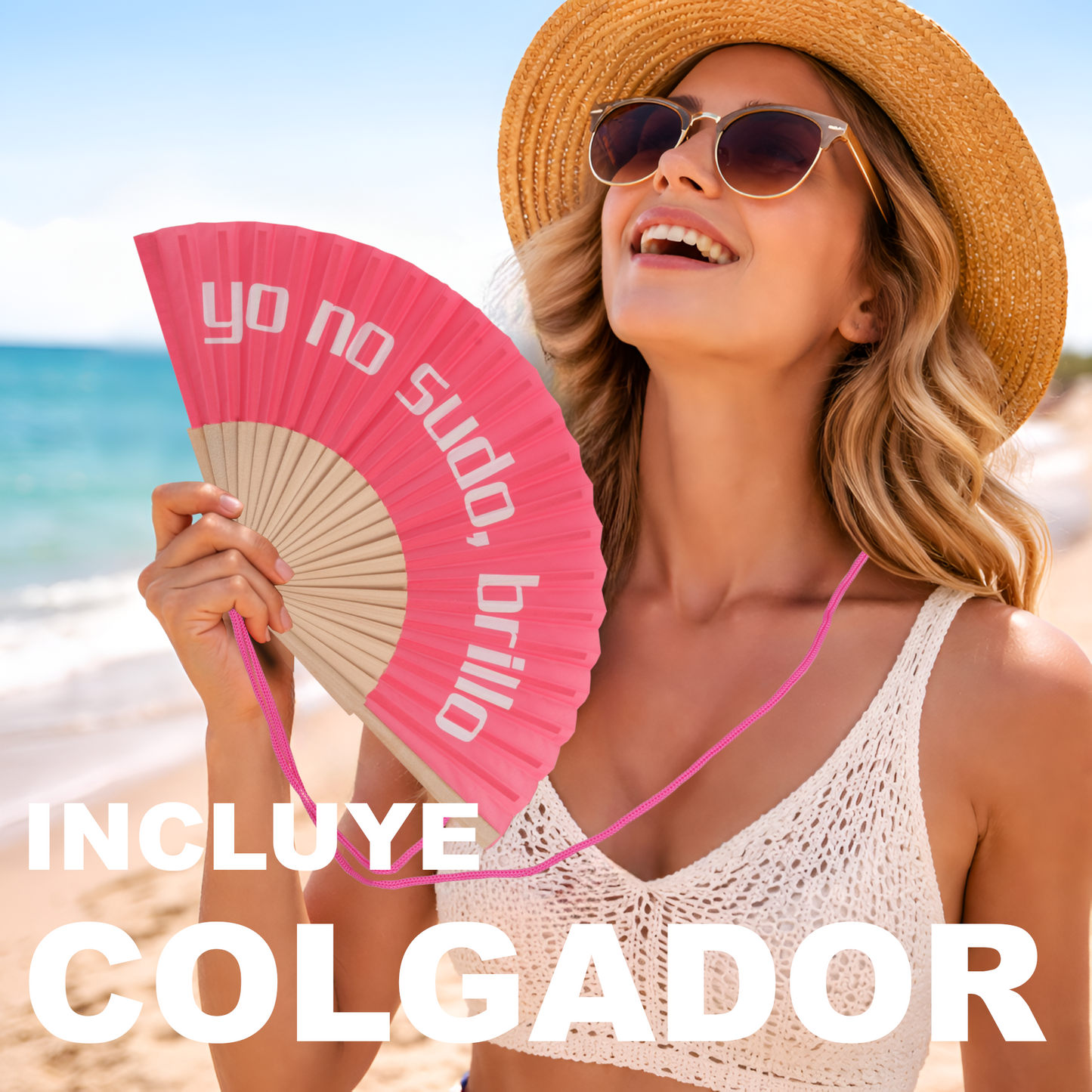 Home Universal® Abanico 23 cm con Cuerda para Cuello – Abanico Plegable de Madera Ligero y Portátil – Accesorio de Verano para Playa, Festivales, Bodas y Eventos – Diseño Divertido, Ideal para Viajes y Calor (yo no sudo, brillo (Rosa))