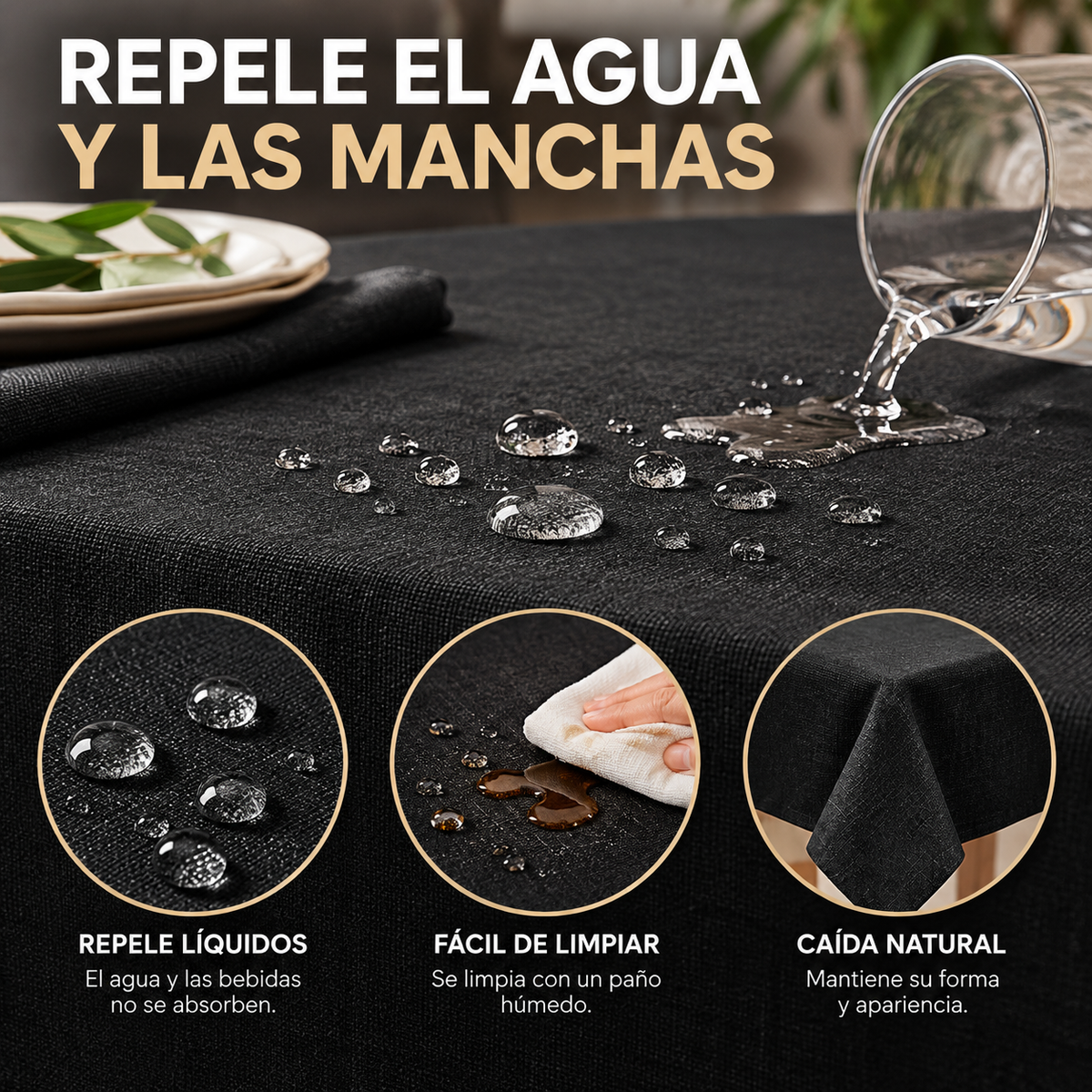 Home Universal® Mantel de Mesa Impermeable y Antimanchas, Tejido de Loneta con Efecto Lino , Liso o Estampado, para Cocina y Comedor (Negro Liso)
