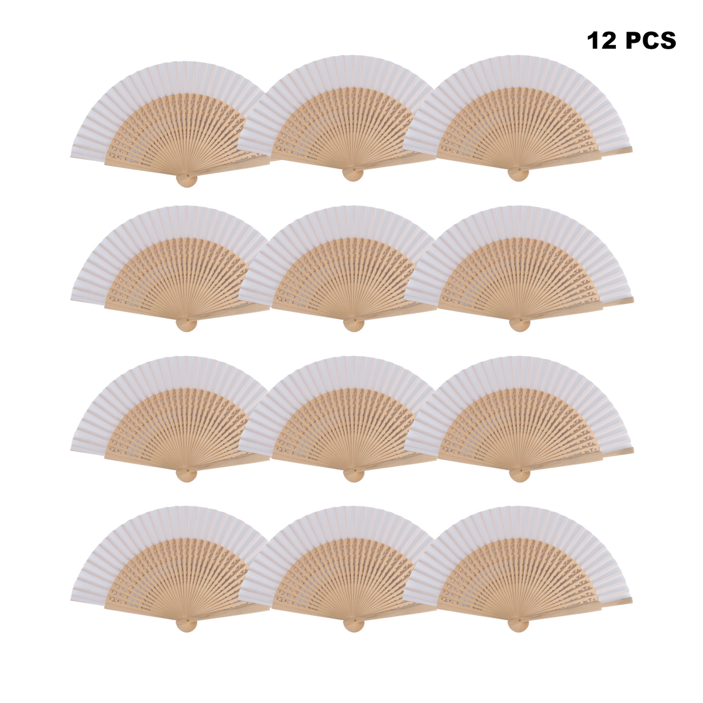 Home Universal ® Pack 12 Unidades Abanicos Madera con Tela Lisa 23cm, Detalles para los Invitados, Regalos de Boda, Fiestas, Comuniones y Otros Eventos (Blanco troquelado con caja)