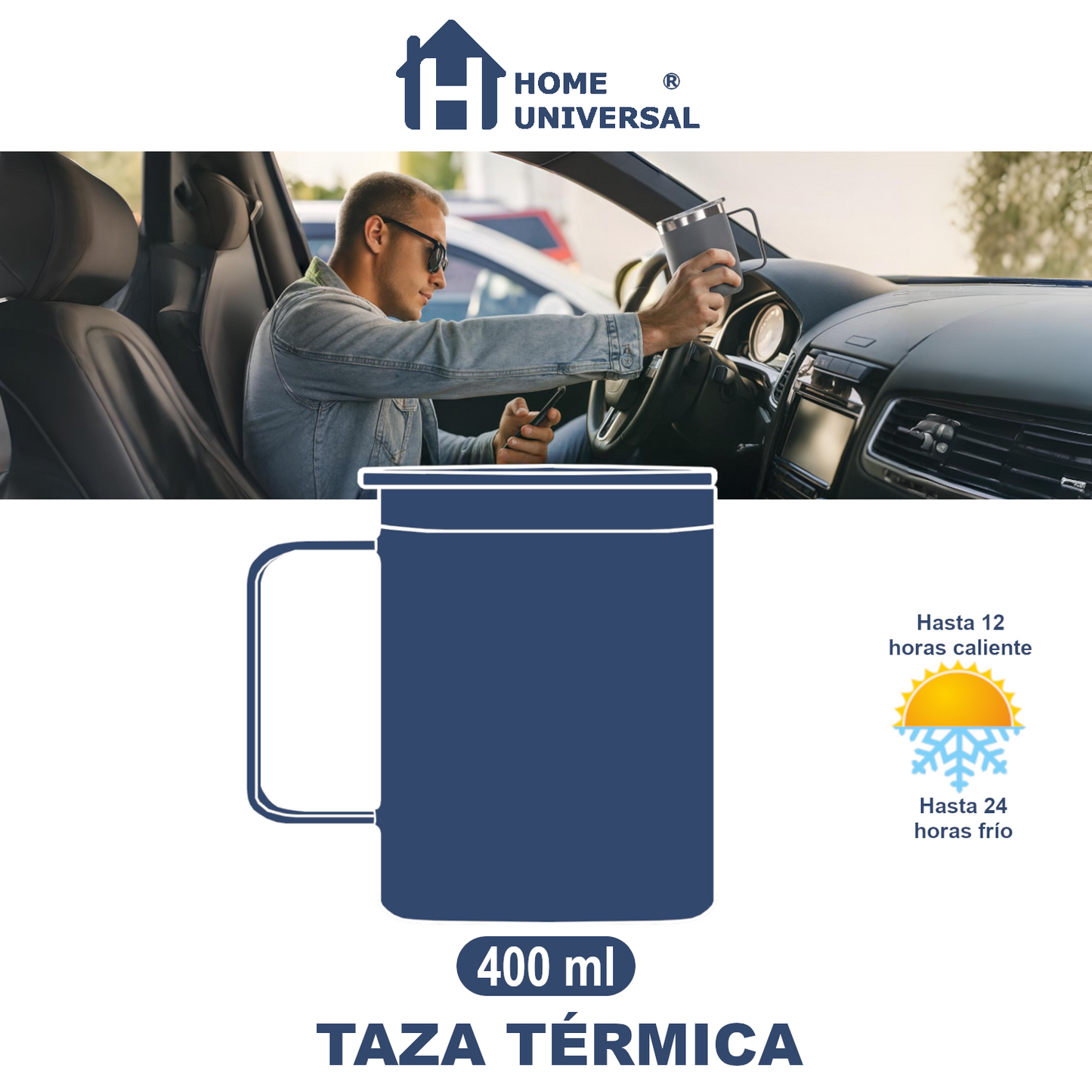 Home Universal® Taza Térmica 400 ml de Acero Inoxidable con Tapa – Vaso Termo Reutilizable para Café y Té, Mantiene Bebidas Calientes y Frías (Blanco)