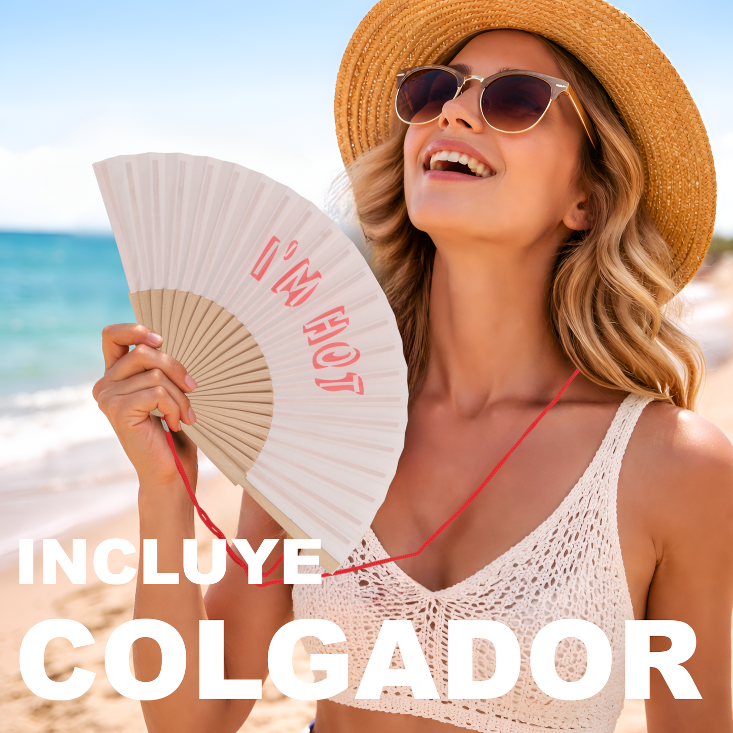 Home Universal® Abanico 23 cm con Cuerda para Cuello – Abanico Plegable de Madera Ligero y Portátil – Accesorio de Verano para Playa, Festivales, Bodas y Eventos – Diseño Divertido, Ideal para Viajes y Calor (I´M HOT (Rosa Palo))