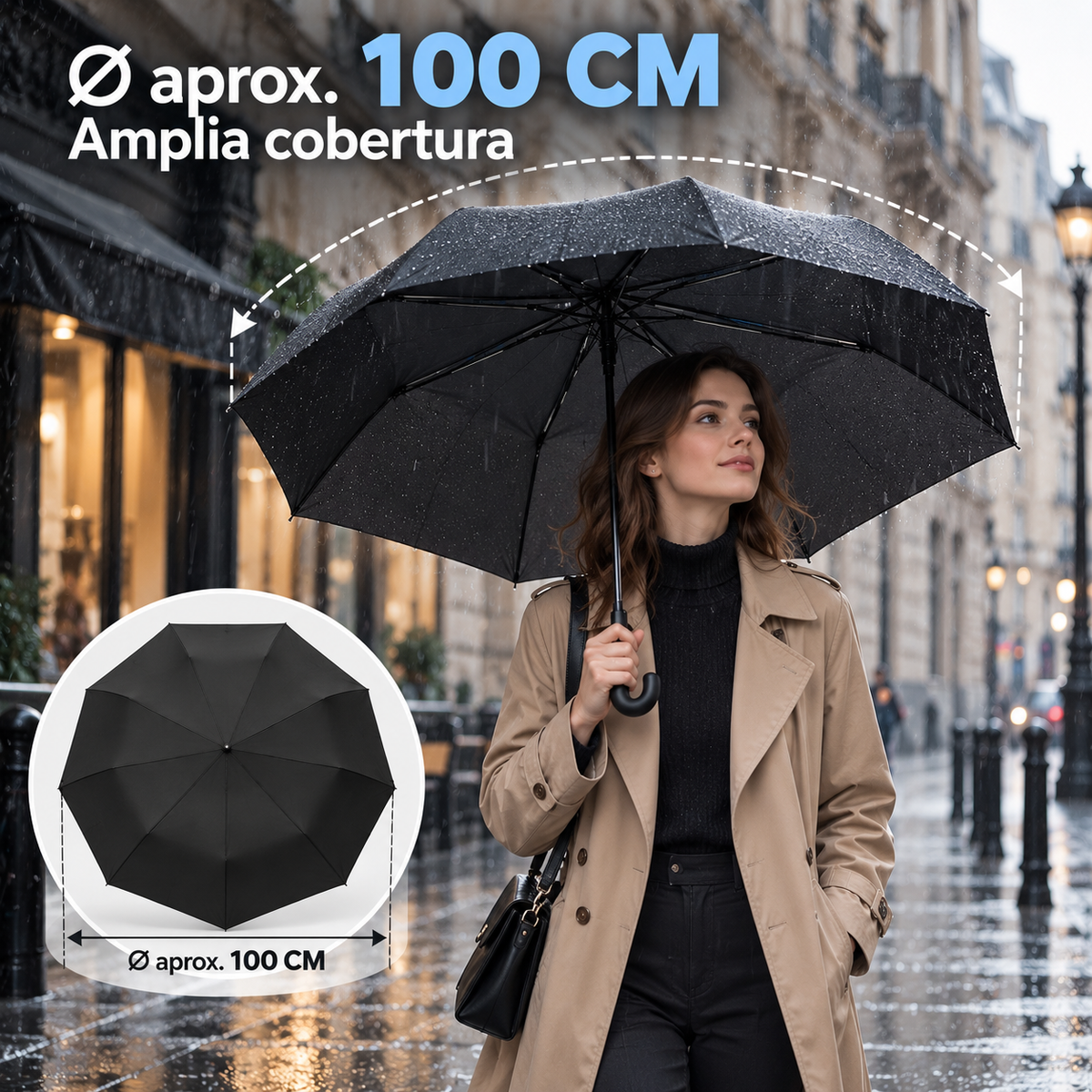 Home Universal® Paraguas Automático Plegable Grande, Compacto y Resistente, para Lluvia y Sol (Mango Curvo (Negro))