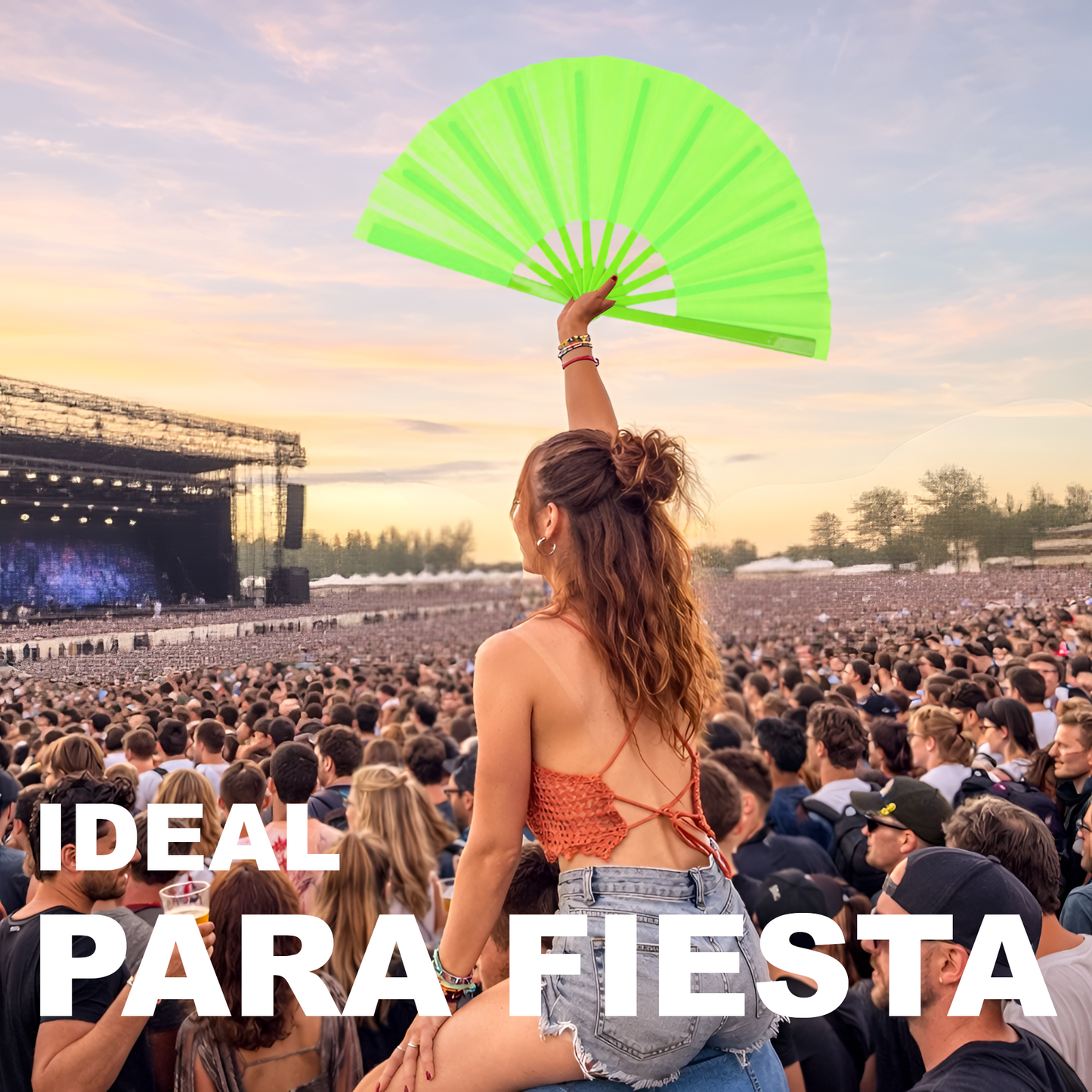 Home Universal® Abanico XXL 33 cm Grande de Plástico con Caja – Plegable, Ligero y Resistente – Efecto Fluorescente Brillante – Ideal para Verano, Fiesta, Discoteca, Pride y Eventos - Verde (Liso)
