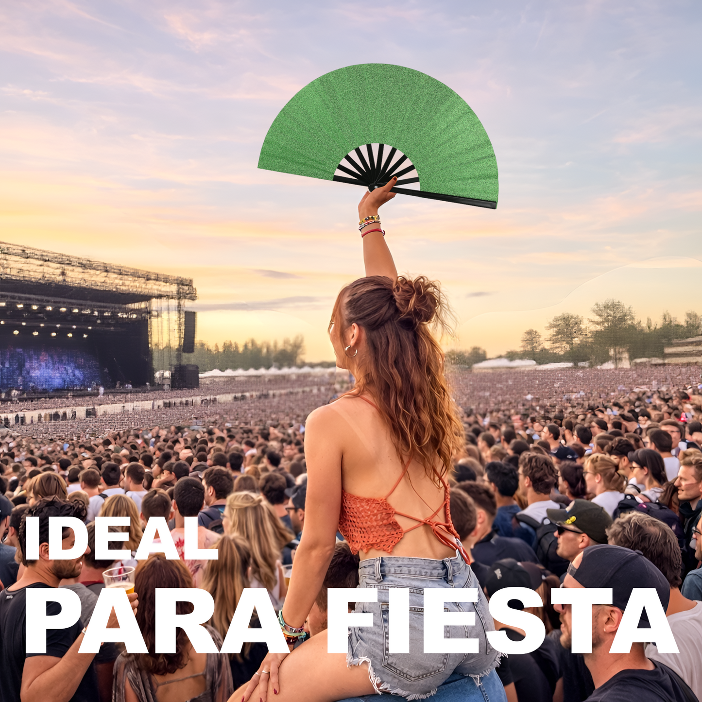 Home Universal® Abanico XXL 33 cm Grande de Plástico con Caja – Plegable, Ligero y Resistente – Efecto Fluorescente Brillante – Ideal para Verano, Fiesta, Discoteca, Pride y Eventos - Verde Claro (Purpurina)