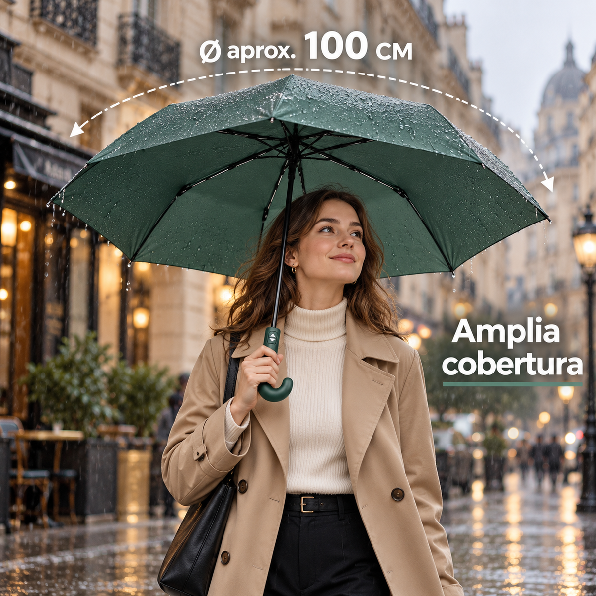 Home Universal® Paraguas Automático Plegable Grande, Compacto y Resistente, para Lluvia y Sol (Mango Curvo (Verde))