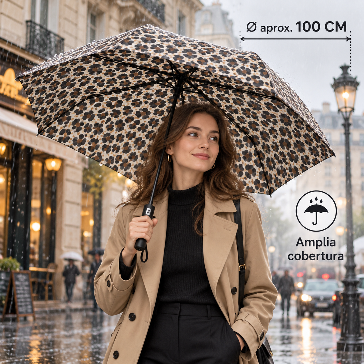 Home Universal® Paraguas Automático Plegable Grande, Compacto y Resistente, para Lluvia y Sol (Automático Apertura y Cierre (Leopardo Marrón))