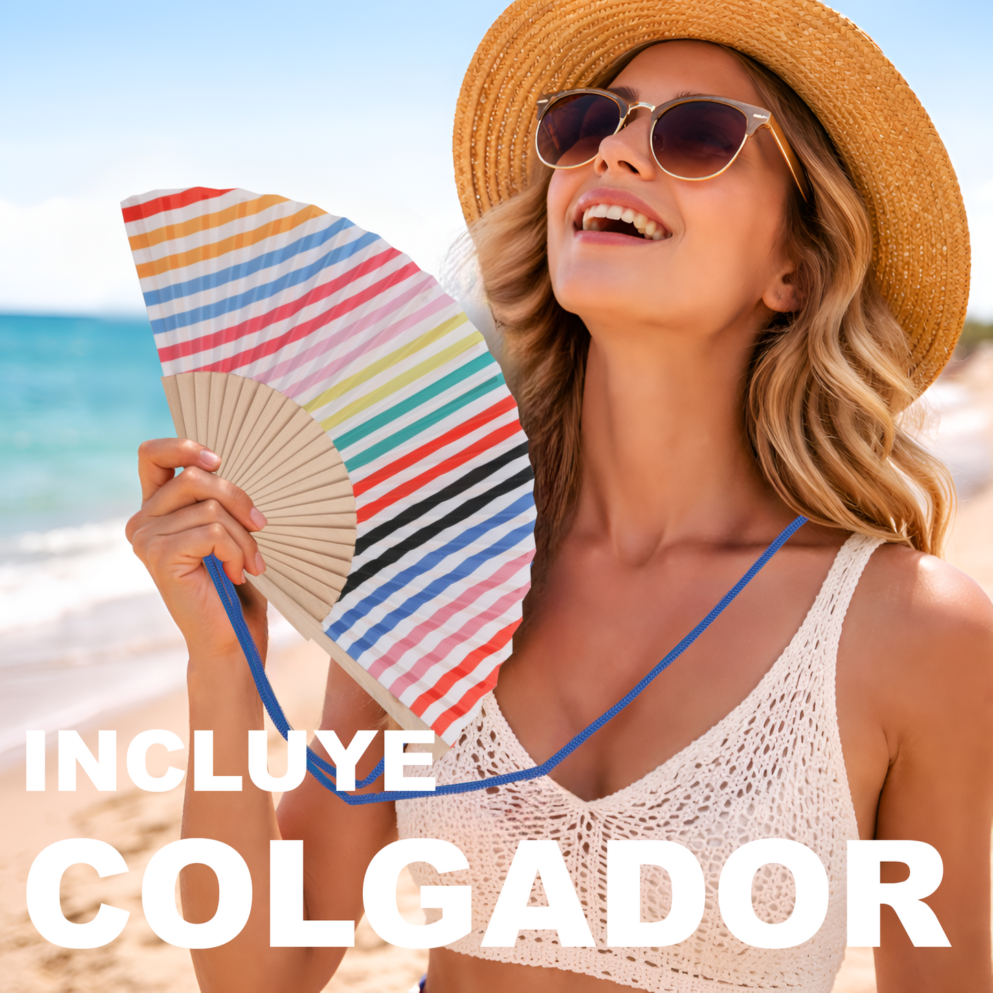 Home Universal® Abanico 23 cm con Cuerda para Cuello – Abanico Plegable de Madera Ligero y Portátil – Accesorio de Verano para Playa, Festivales, Bodas y Eventos – Diseño Divertido, Ideal para Viajes y Calor (Rayas Coloridos)