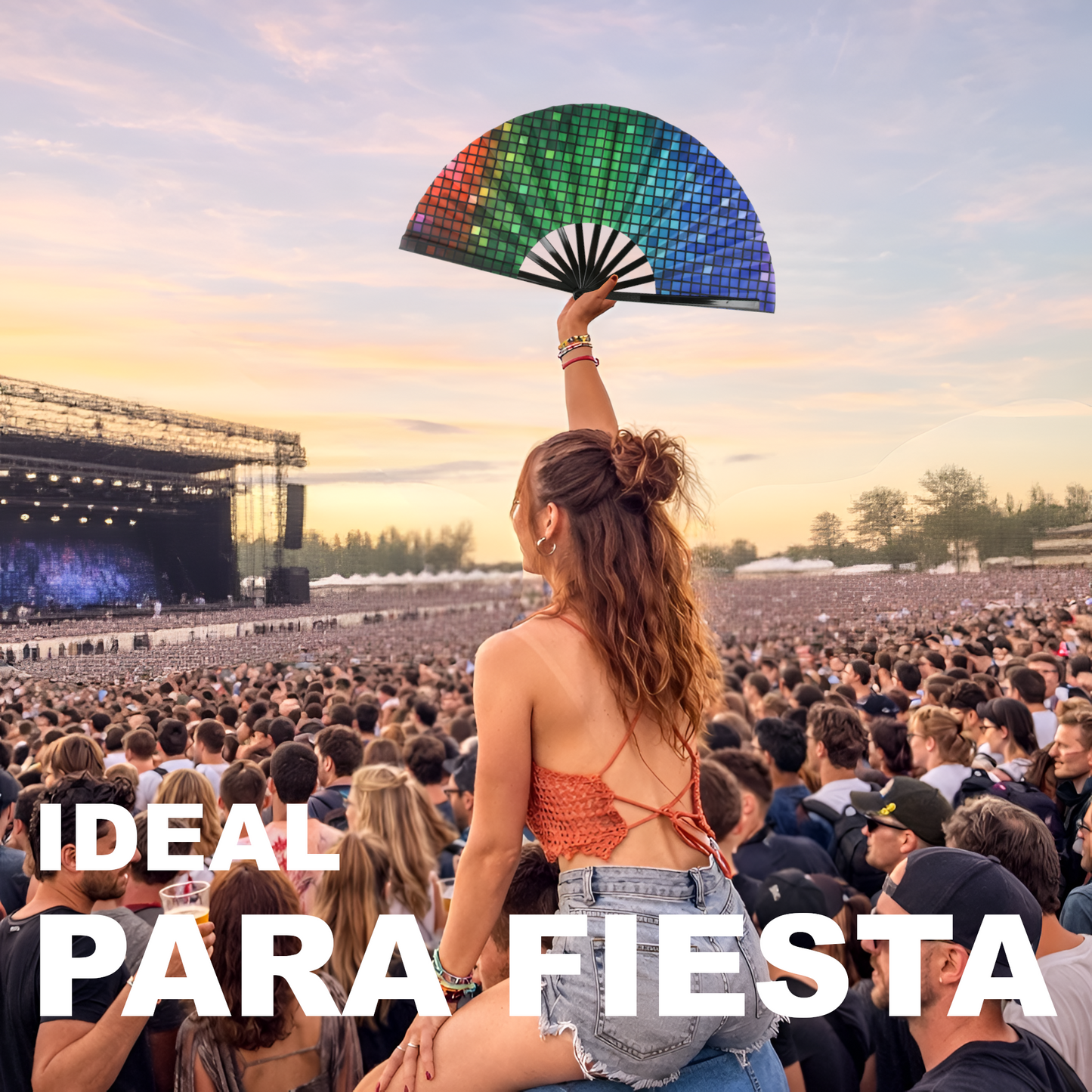 Home Universal® Abanico XXL 33 cm Grande de Plástico con Caja – Plegable, Ligero y Resistente – Efecto Fluorescente Brillante – Ideal para Verano, Fiesta, Discoteca, Pride y Eventos (Discoteca - Cuadrado)