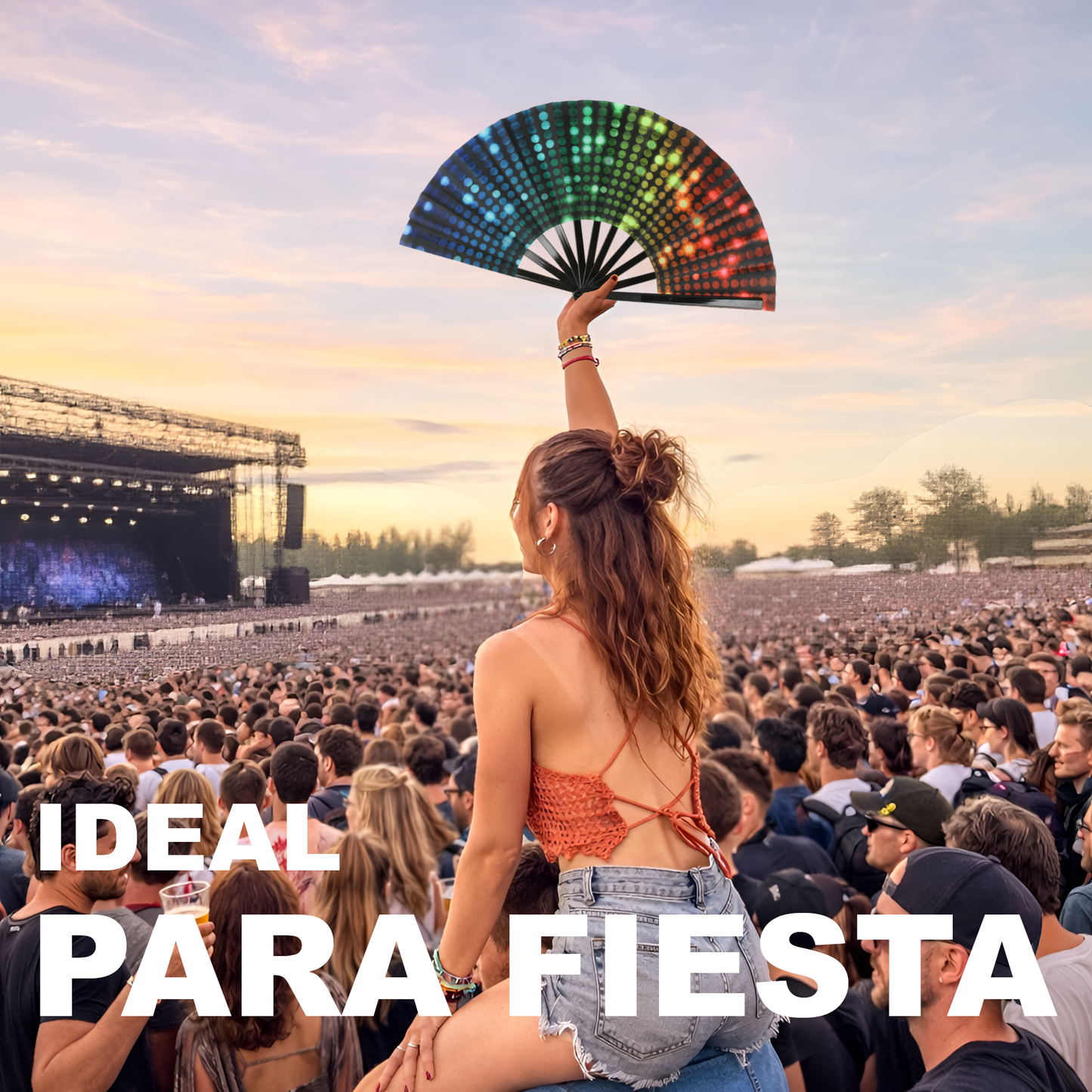Home Universal® Abanico XXL 33 cm Grande de Plástico con Caja – Plegable, Ligero y Resistente – Efecto Fluorescente Brillante – Ideal para Verano, Fiesta, Discoteca, Pride y Eventos (Discoteca - Círculo)