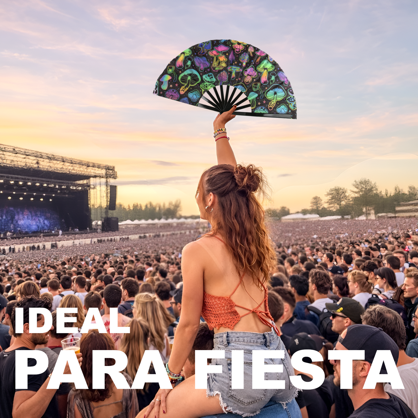 Home Universal® Abanico XXL 33 cm Grande de Plástico con Caja – Plegable, Ligero y Resistente – Efecto Fluorescente Brillante – Ideal para Verano, Fiesta, Discoteca, Pride y Eventos (Setas - Multicolor)