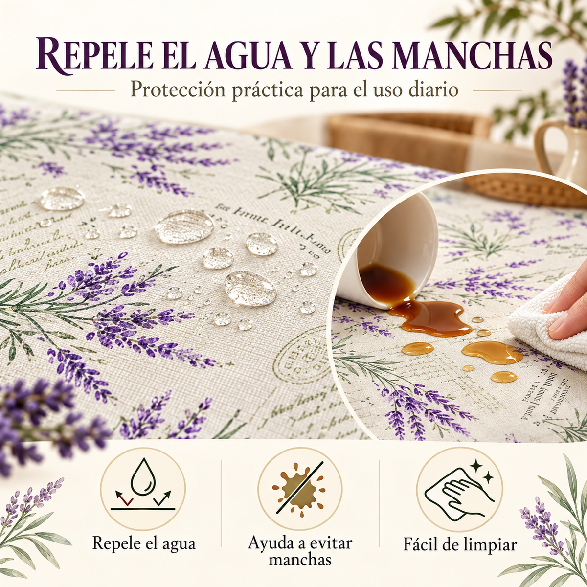 Home Universal® Mantel de Mesa Impermeable y Antimanchas, Tejido de Loneta con Efecto Lino , Liso o Estampado, para Cocina y Comedor (Lavanda)
