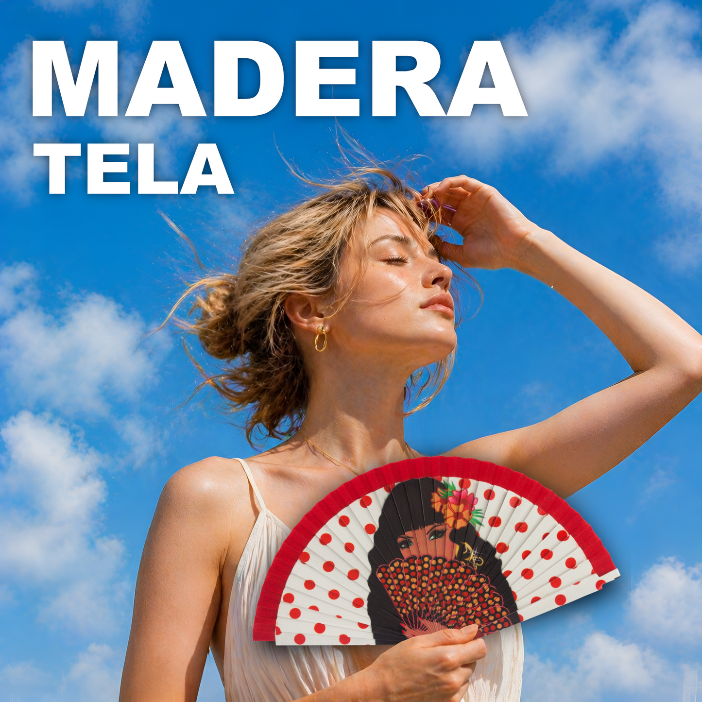 Home Universal®  Abanico 23CM DE Madera Lisa con Tela de Marfil, Abanico de Madera Adornado, Abanico Original - Chica Flamenca (Dibujo Artístico)