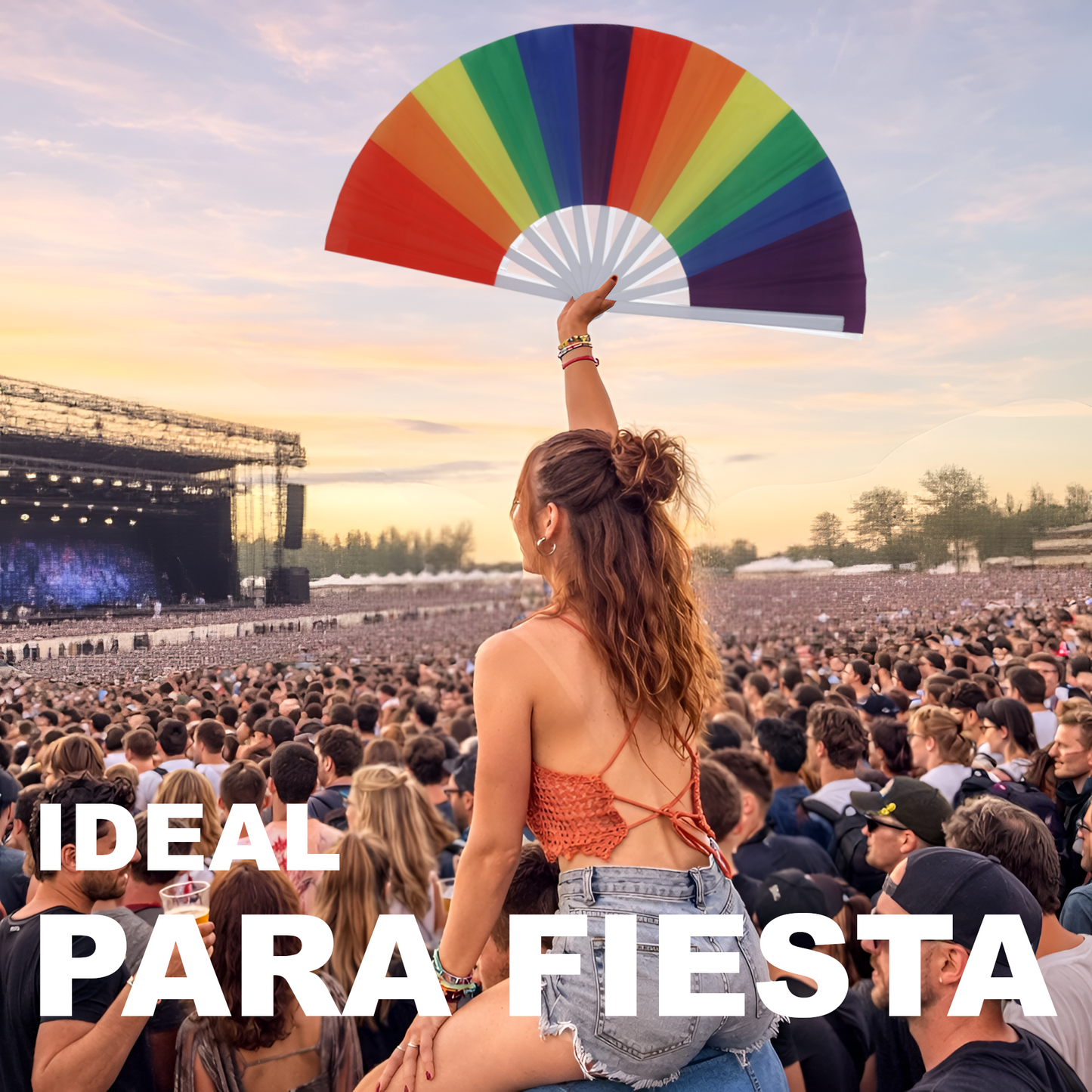 Home Universal® Abanico XXL 33 cm Grande de Plástico con Caja – Plegable, Ligero y Resistente – Efecto Fluorescente Brillante – Ideal para Verano, Fiesta, Discoteca, Pride y Eventos (Arcoíris Vivo - Estampado)