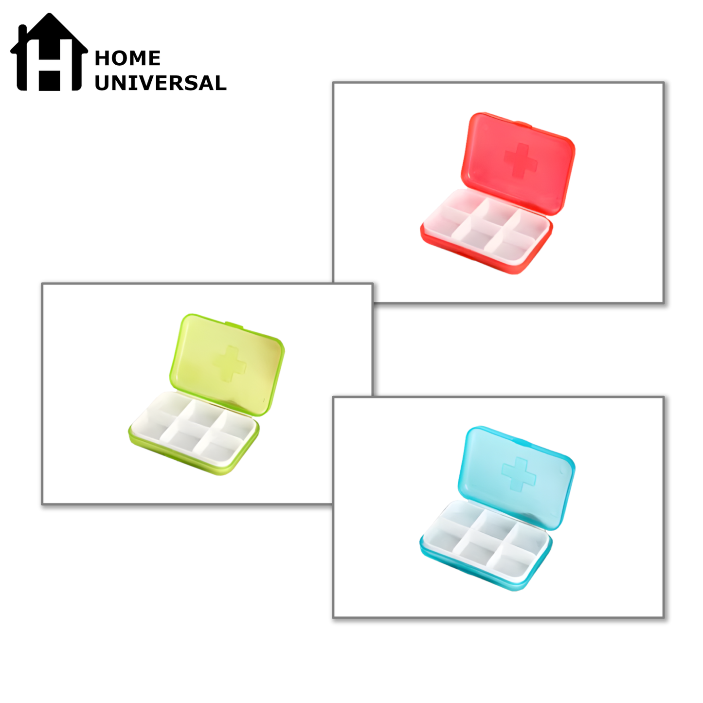 Home Universal® Pastillero portátil y semanal con 6, 7 o 28 compartimentos | Caja organizadora de pastillas con cortador integrado – Diferentes colores y formatos (Pastillero portátil 6 compartimentos - Azul)