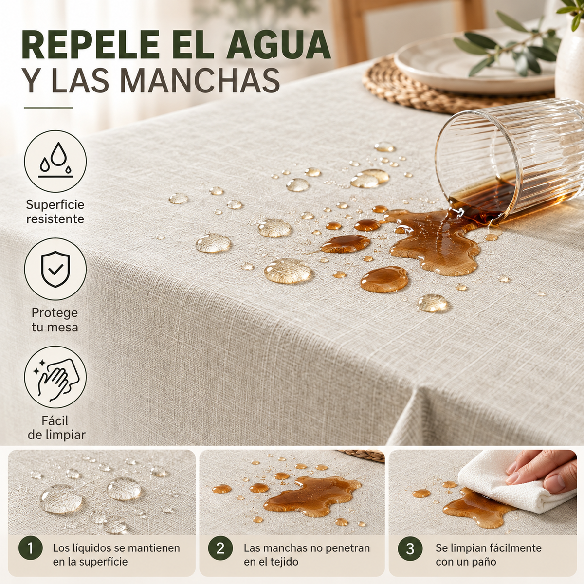 Home Universal® Mantel de Mesa Impermeable y Antimanchas, Tejido de Loneta con Efecto Lino , Liso o Estampado, para Cocina y Comedor (Blanco Liso)
