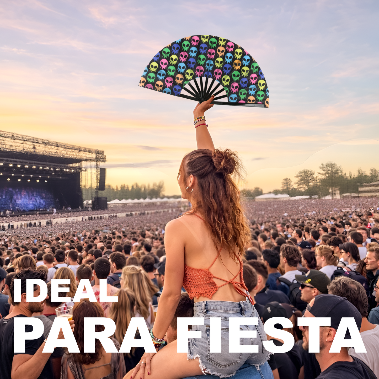 Home Universal® Abanico XXL 33 cm Grande de Plástico con Caja – Plegable, Ligero y Resistente – Efecto Fluorescente Brillante – Ideal para Verano, Fiesta, Discoteca, Pride y Eventos (Alienigena - Multicolor)