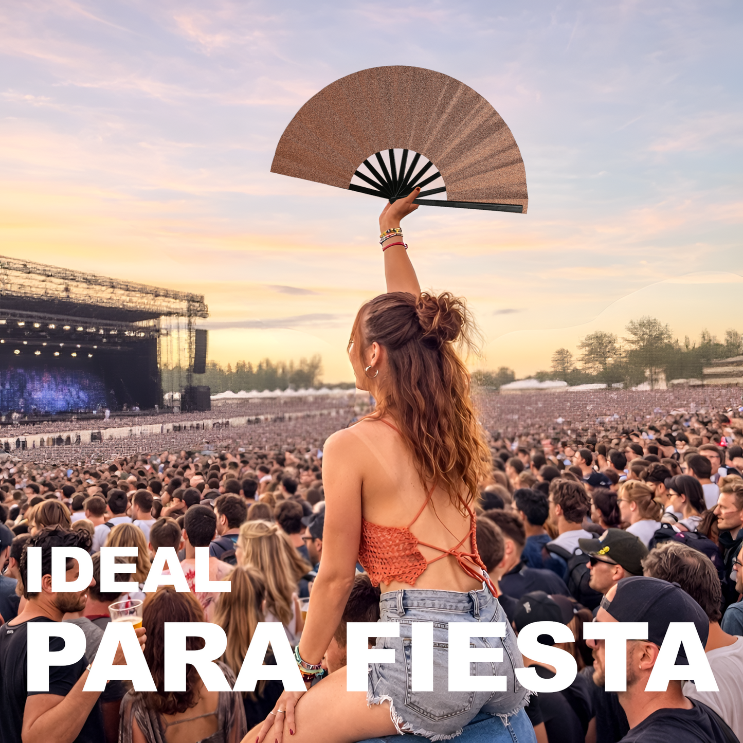 Home Universal® Abanico XXL 33 cm Grande de Plástico con Caja – Plegable, Ligero y Resistente – Efecto Fluorescente Brillante – Ideal para Verano, Fiesta, Discoteca, Pride y Eventos - Marrón (Purpurina)