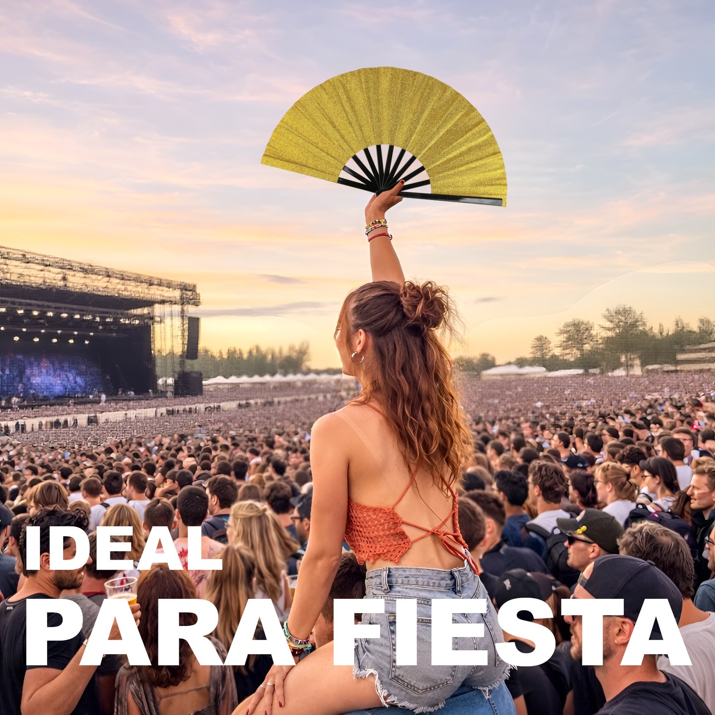 Home Universal® Abanico XXL 33 cm Grande de Plástico con Caja – Plegable, Ligero y Resistente – Efecto Fluorescente Brillante – Ideal para Verano, Fiesta, Discoteca, Pride y Eventos - Dorado (Purpurina)
