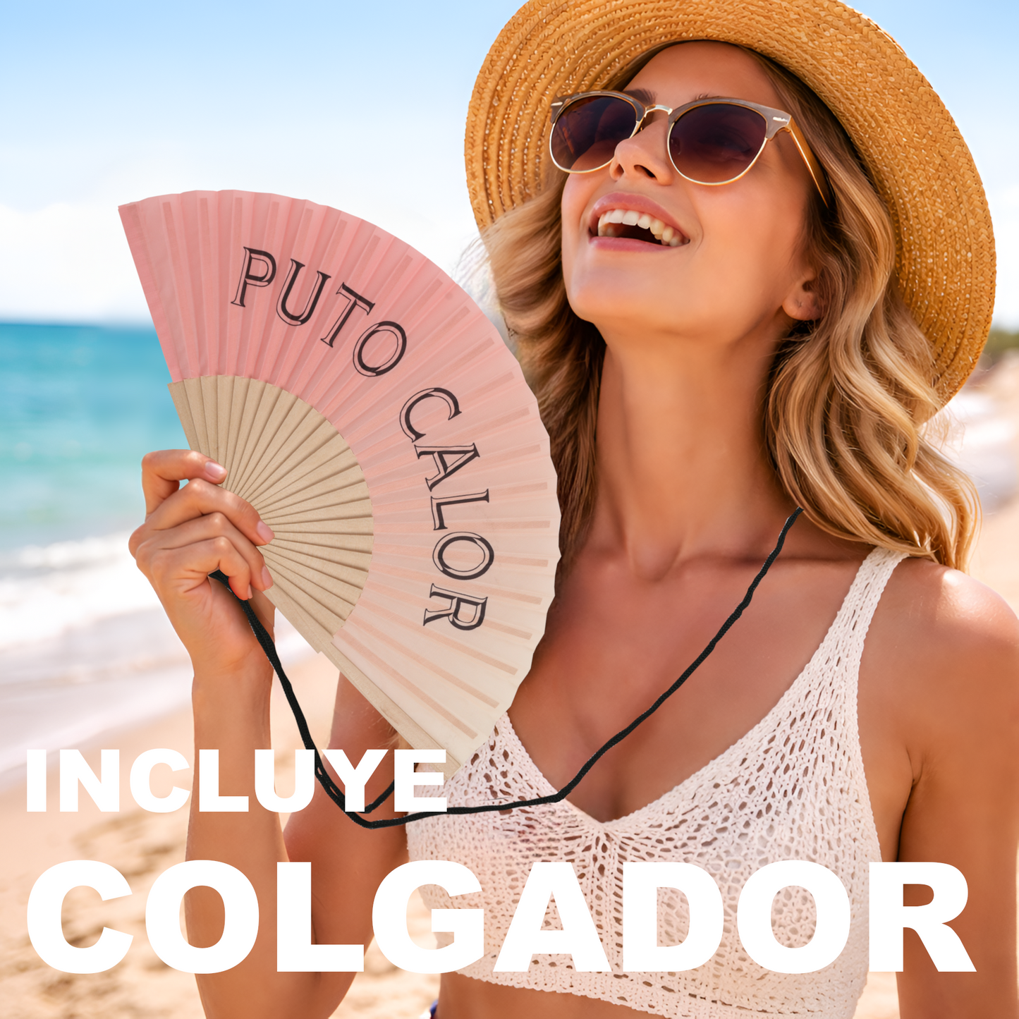 Home Universal® Abanico 23 cm con Cuerda para Cuello – Abanico Plegable de Madera Ligero y Portátil – Accesorio de Verano para Playa, Festivales, Bodas y Eventos – Diseño Divertido, Ideal para Viajes y Calor (P*TO CALOR (Coral))