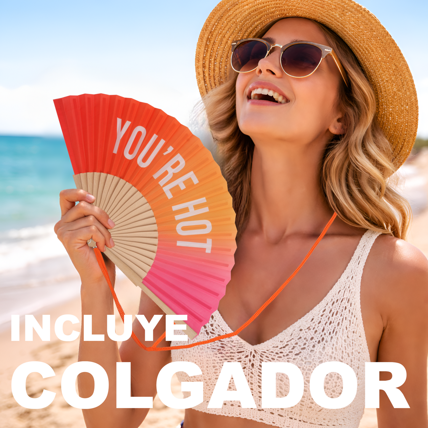 Home Universal® Abanico 23 cm con Cuerda para Cuello – Abanico Plegable de Madera Ligero y Portátil – Accesorio de Verano para Playa, Festivales, Bodas y Eventos – Diseño Divertido, Ideal para Viajes y Calor (YOU´RE HOT (Cálido))