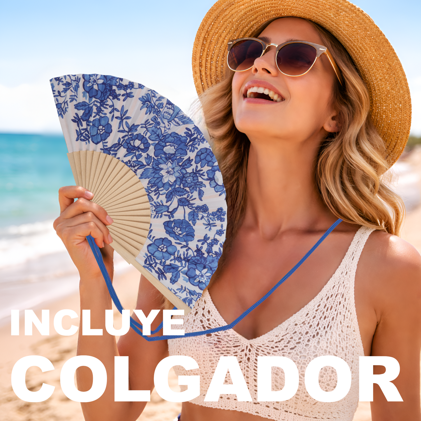 Home Universal® Abanico 23 cm con Cuerda para Cuello – Abanico Plegable de Madera Ligero y Portátil – Accesorio de Verano para Playa, Festivales, Bodas y Eventos – Diseño Divertido, Ideal para Viajes y Calor (Dibujo Flores Azul)