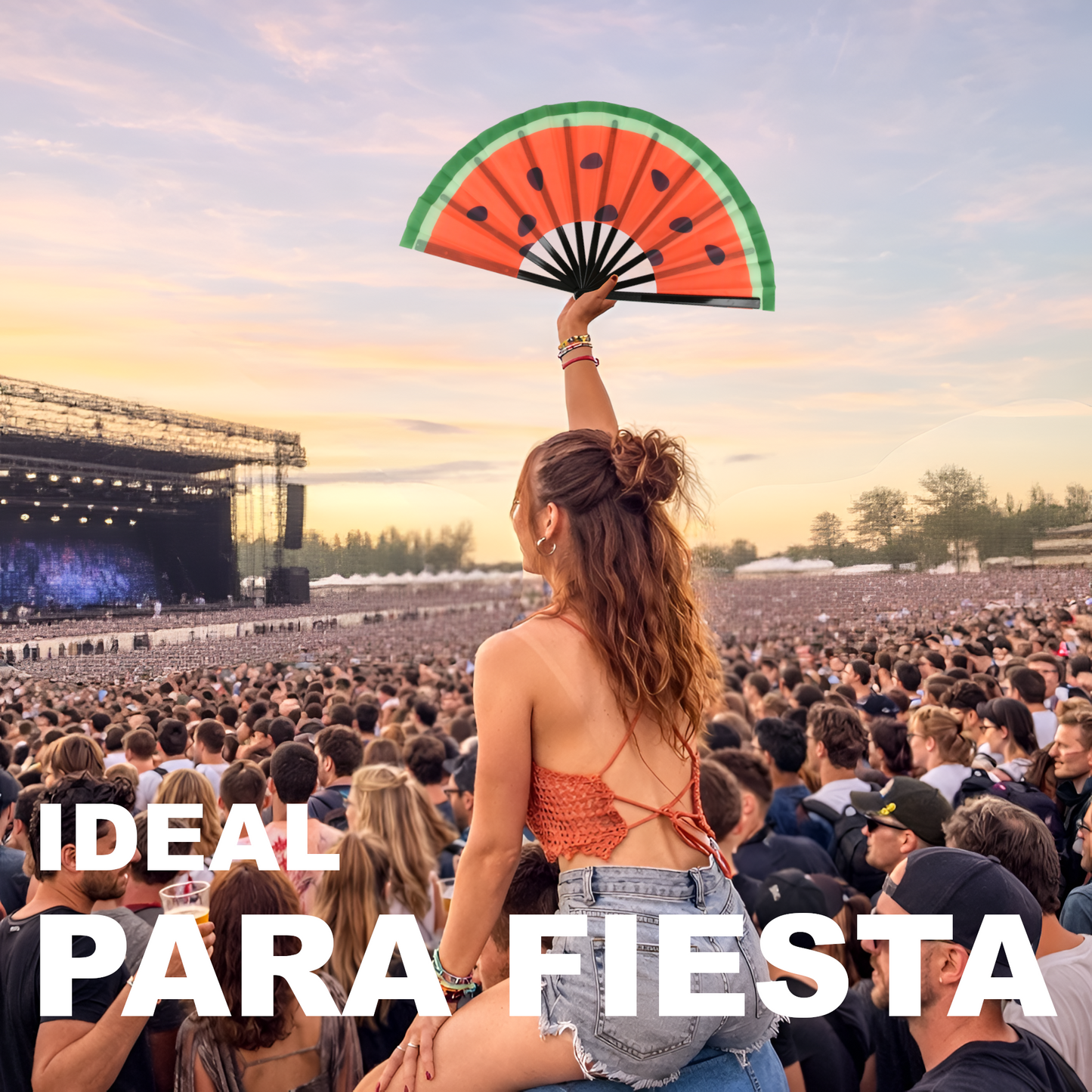 Home Universal® Abanico XXL 33 cm Grande de Plástico con Caja – Plegable, Ligero y Resistente – Efecto Fluorescente Brillante – Ideal para Verano, Fiesta, Discoteca, Pride y Eventos (Sandia)