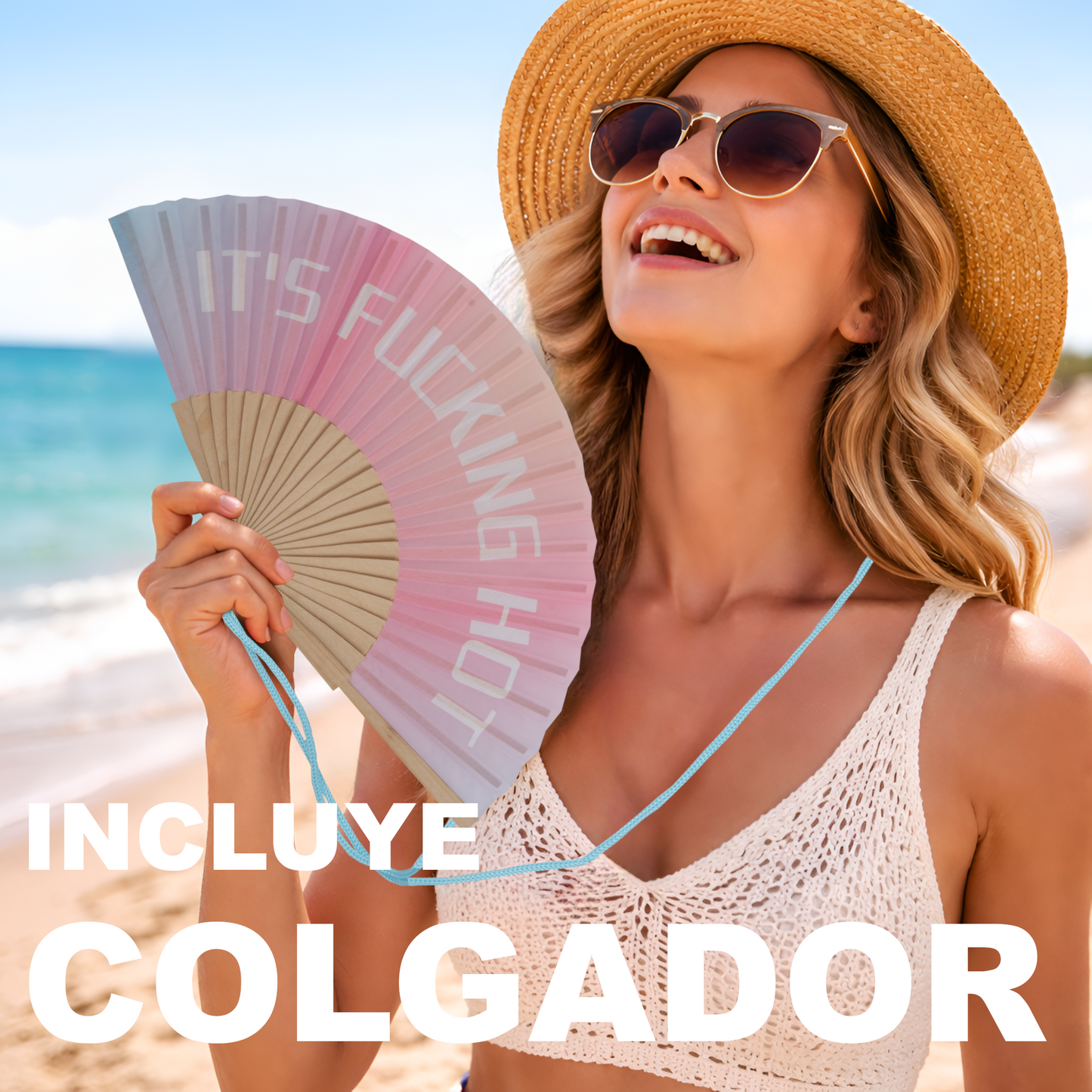 Home Universal® Abanico 23 cm con Cuerda para Cuello – Abanico Plegable de Madera Ligero y Portátil – Accesorio de Verano para Playa, Festivales, Bodas y Eventos – Diseño Divertido, Ideal para Viajes y Calor (IT´S FUC*ING HOT (Fantasía))