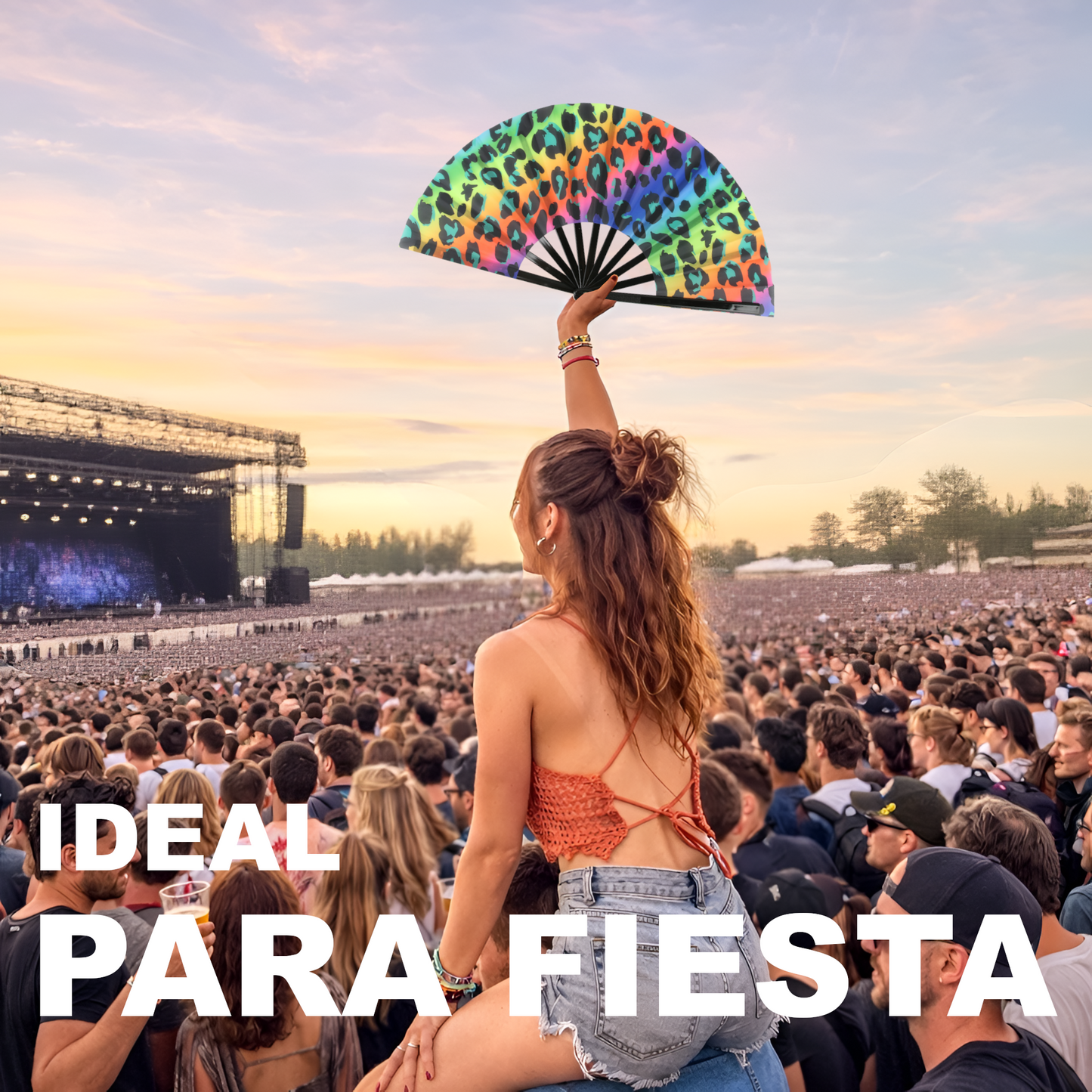 Home Universal® Abanico XXL 33 cm Grande de Plástico con Caja – Plegable, Ligero y Resistente – Efecto Fluorescente Brillante – Ideal para Verano, Fiesta, Discoteca, Pride y Eventos (Leopardo - Multicolor)