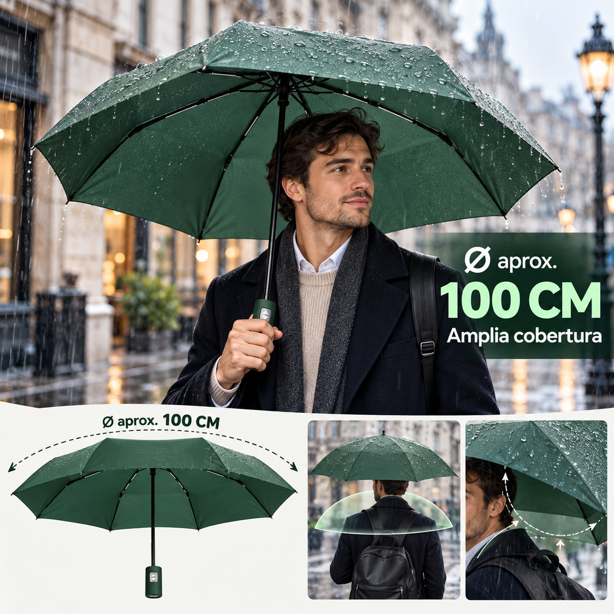 Home Universal® Paraguas Automático Plegable Grande, Compacto y Resistente, para Lluvia y Sol (Automático Apertura y Cierre (Verde))