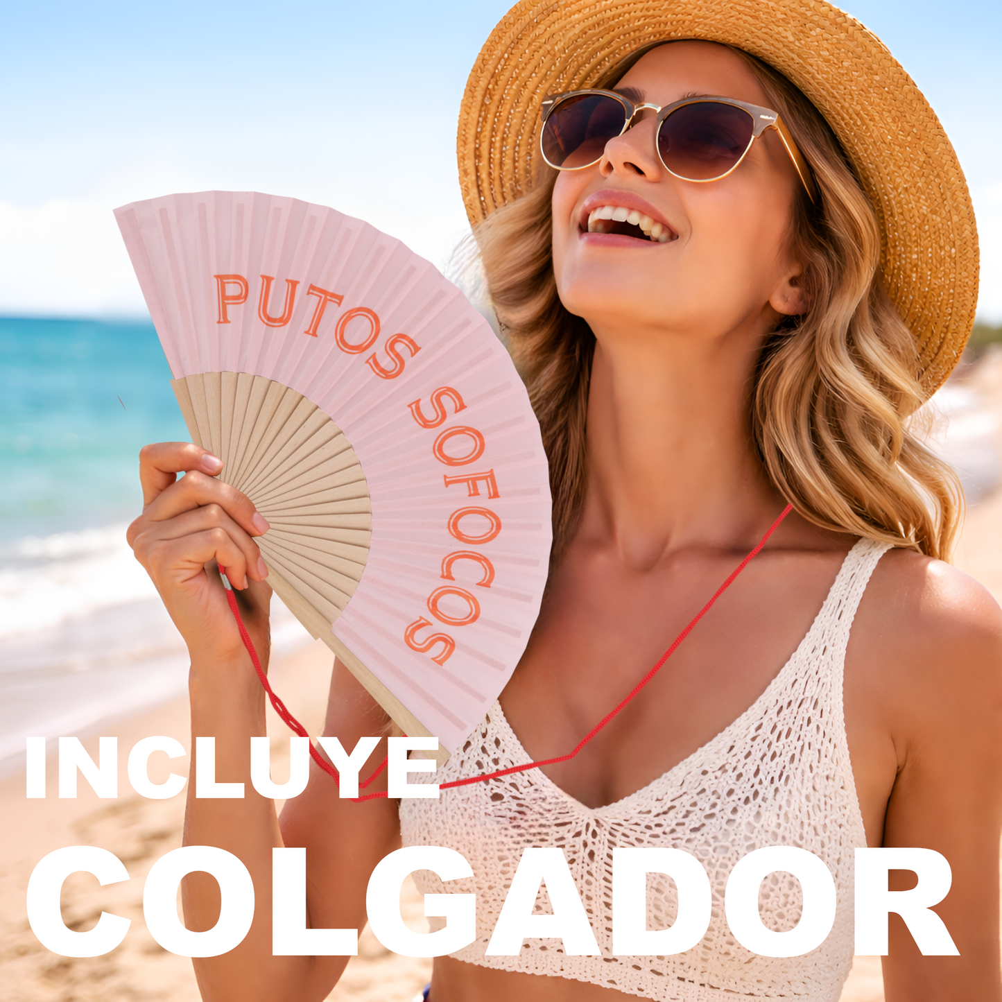 Home Universal® Abanico 23 cm con Cuerda para Cuello – Abanico Plegable de Madera Ligero y Portátil – Accesorio de Verano para Playa, Festivales, Bodas y Eventos – Diseño Divertido, Ideal para Viajes y Calor (P*TOS SOFOCOS (Rosa))