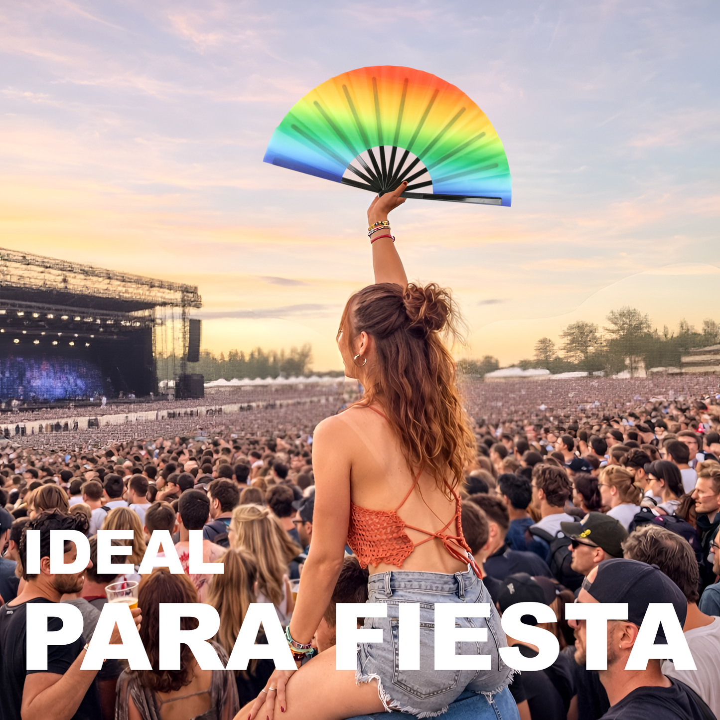 Home Universal® Abanico XXL 33 cm Grande de Plástico con Caja – Plegable, Ligero y Resistente – Efecto Fluorescente Brillante – Ideal para Verano, Fiesta, Discoteca, Pride y Eventos (ArcoÍris - Degradado)