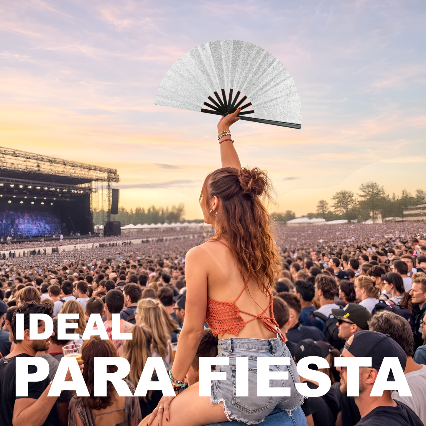 Home Universal® Abanico XXL 33 cm Grande de Plástico con Caja – Plegable, Ligero y Resistente – Efecto Fluorescente Brillante – Ideal para Verano, Fiesta, Discoteca, Pride y Eventos - Plateado (Purpurina)