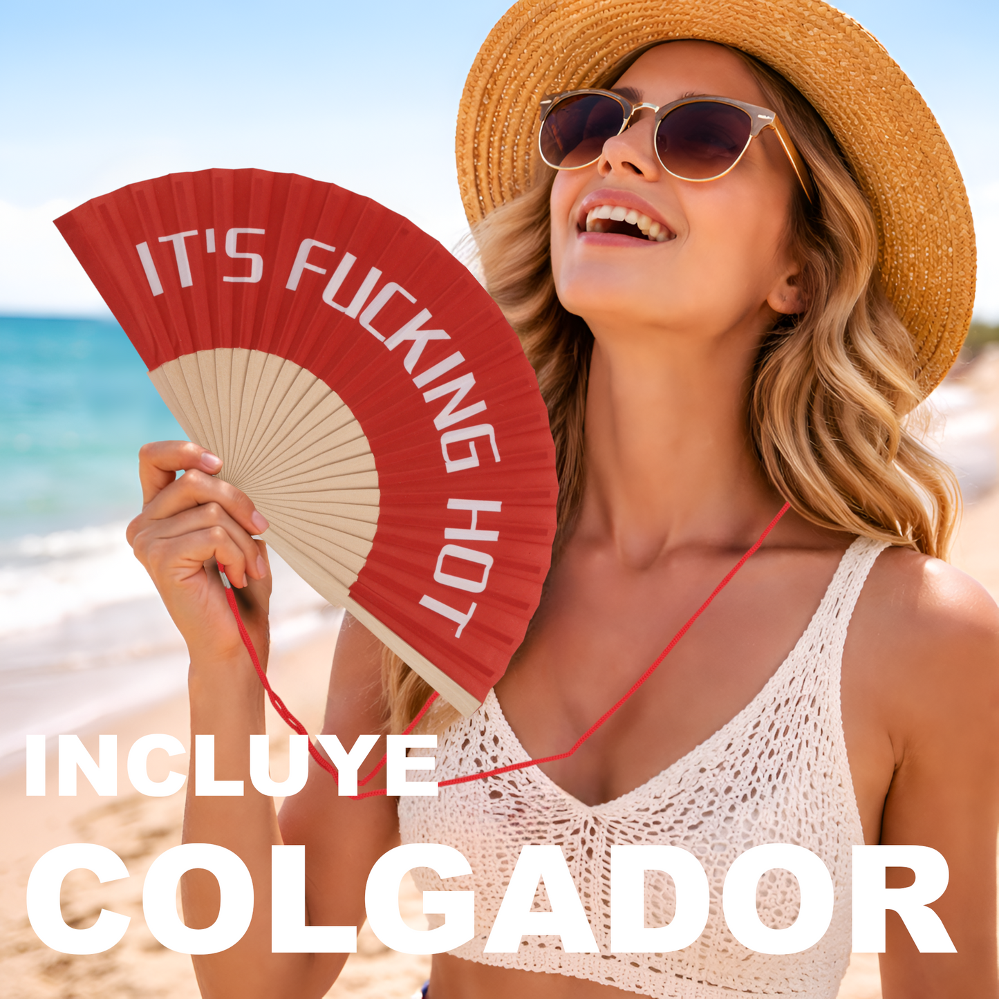 Home Universal® Abanico 23 cm con Cuerda para Cuello – Abanico Plegable de Madera Ligero y Portátil – Accesorio de Verano para Playa, Festivales, Bodas y Eventos – Diseño Divertido, Ideal para Viajes y Calor (IT´S FUC*ING HOT (Rojo))