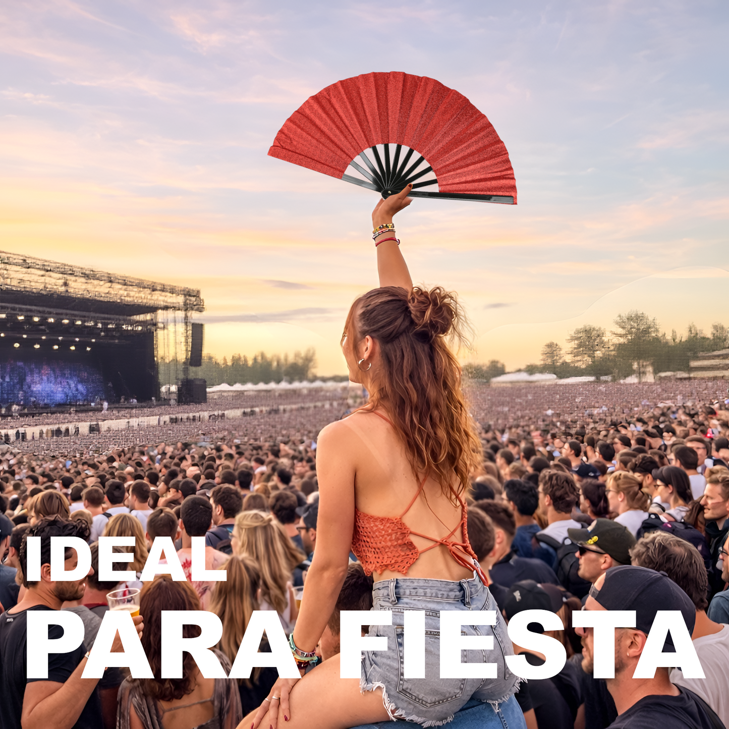 Home Universal® Abanico XXL 33 cm Grande de Plástico con Caja – Plegable, Ligero y Resistente – Efecto Fluorescente Brillante – Ideal para Verano, Fiesta, Discoteca, Pride y Eventos - Rojo (Purpurina)