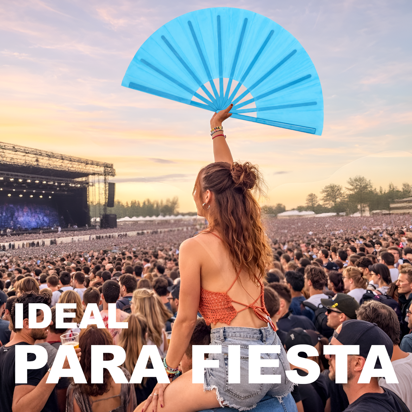 Home Universal® Abanico XXL 33 cm Grande de Plástico con Caja – Plegable, Ligero y Resistente – Efecto Fluorescente Brillante – Ideal para Verano, Fiesta, Discoteca, Pride y Eventos - Azul (Liso)