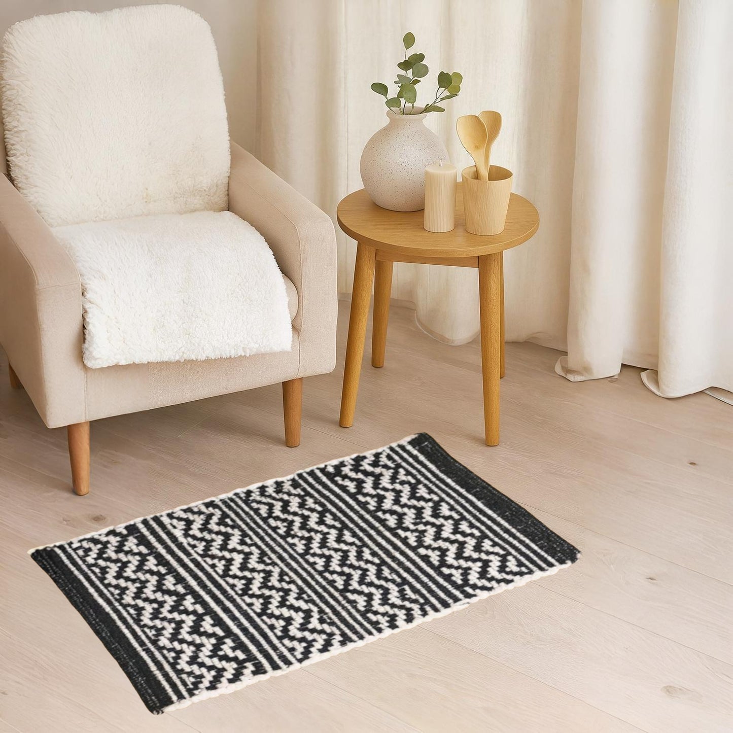 Home Universal® Alfombra Jarapa de Algodón Lavable | Diseño Geométrico Artesanal | Decoración Boho Mediterránea para Salón, Dormitorio, Pasillo y Cocina | Suave, Ligera y Resistente | Negro (Rayas y Zigzag)