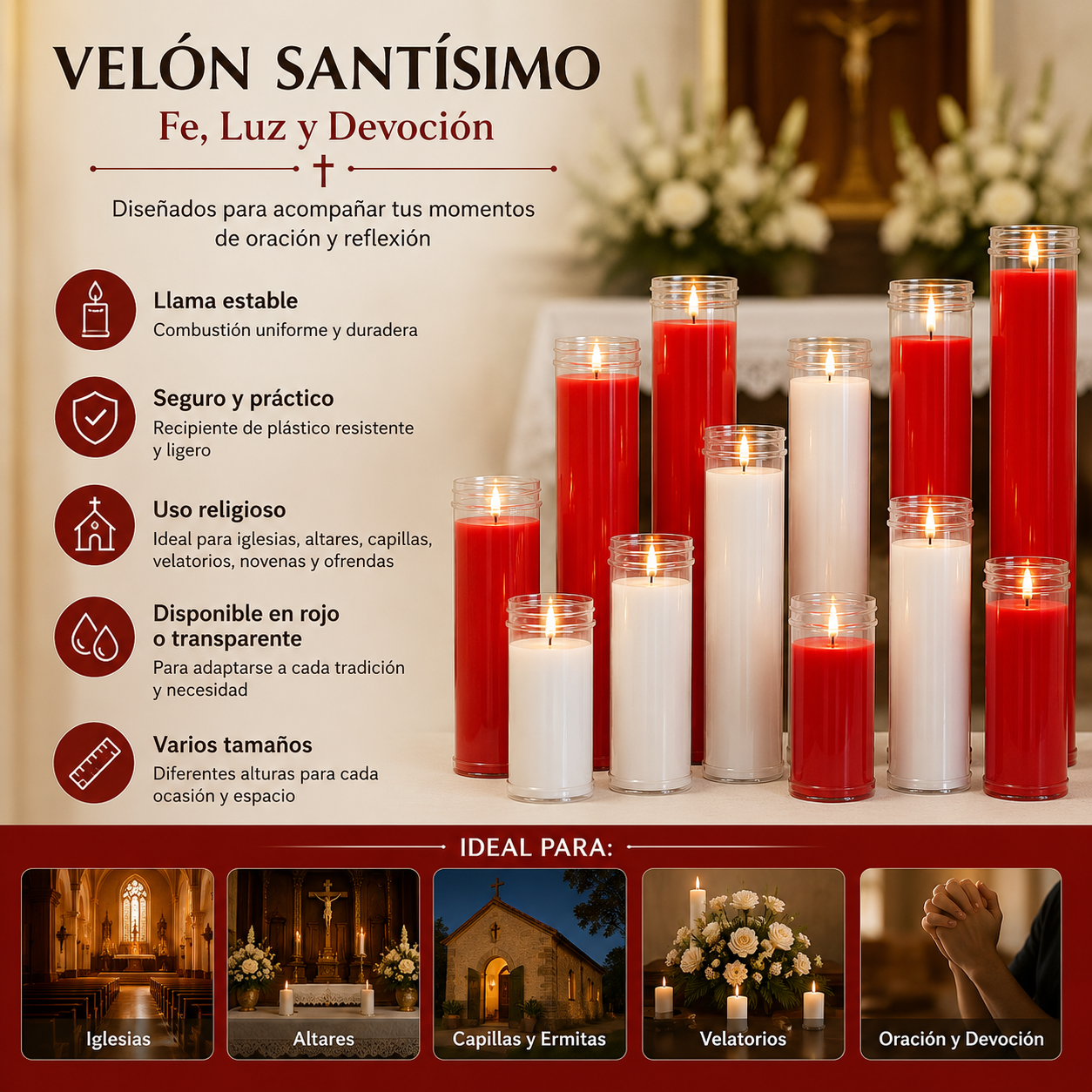 Home Universal® Velón Votivo para Iglesia y Altar, Rojo o Transparente, Varios Tamaños, Larga Duración, Ideal para Oración, Capillas, Iglesias y Velatorios (Velón Pequeño Rojo (12 Uds))