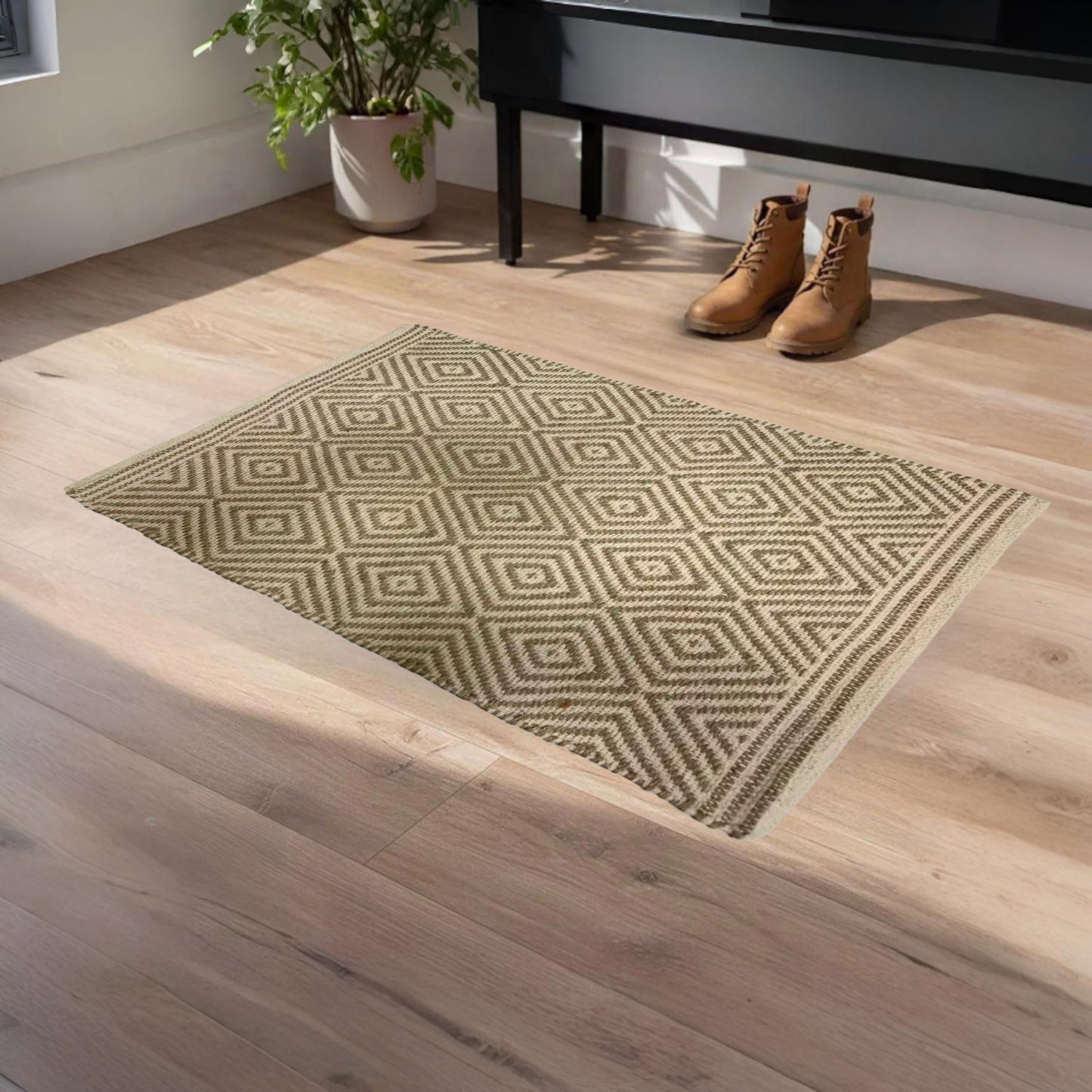Home Universal® Alfombra Jarapa de Algodón Lavable | Diseño Geométrico Artesanal | Decoración Boho Mediterránea para Salón, Dormitorio, Pasillo y Cocina | Suave, Ligera y Resistente | Rombos Finos