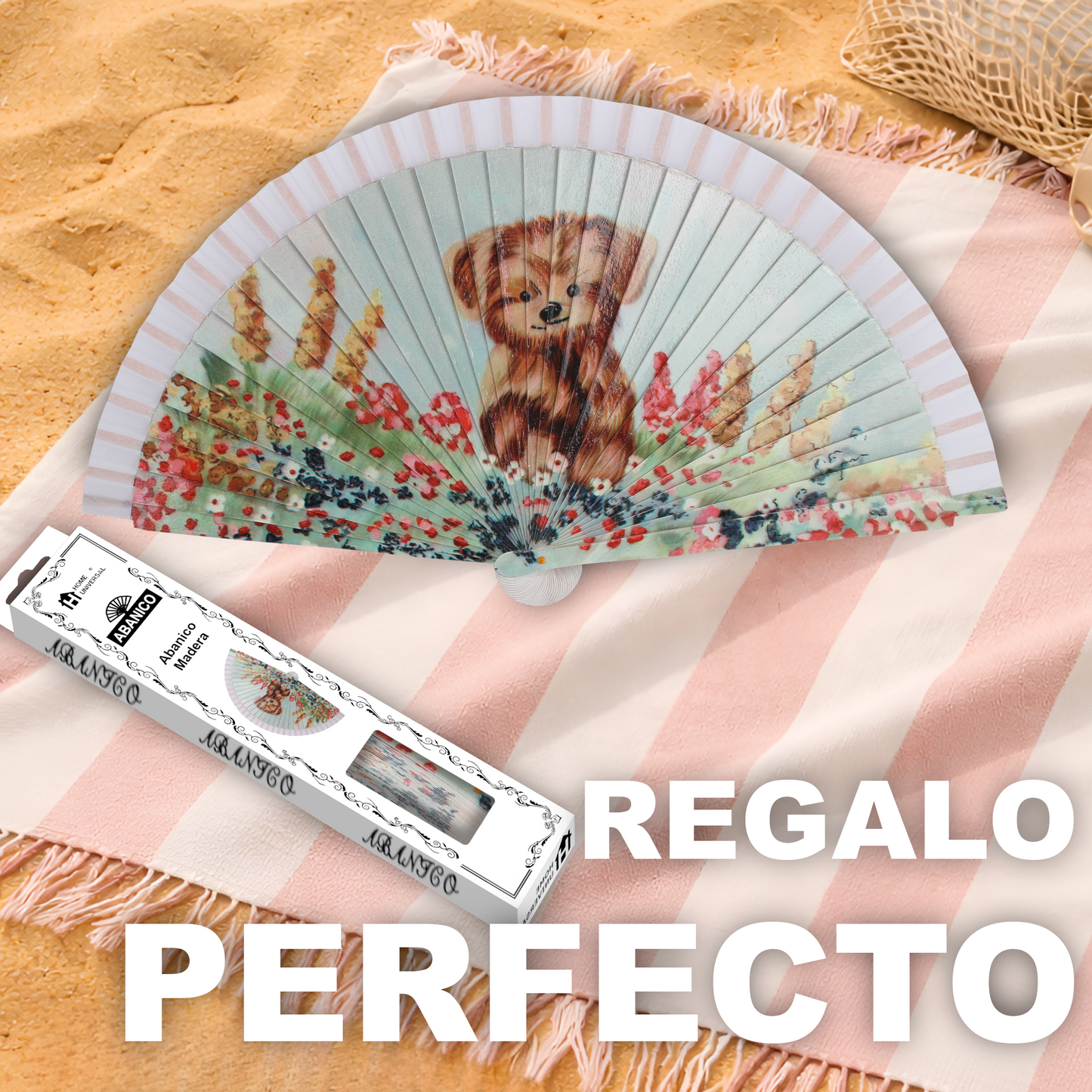 Home Universal®  Abanico 23CM DE Madera Lisa con Tela de Marfil, Abanico de Madera Adornado, Abanico Original - Cachorrito y Flores (Dibujo Artístico)