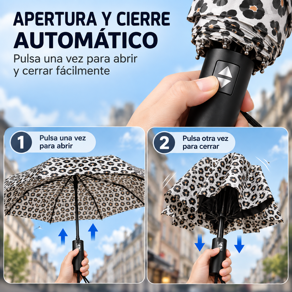 Home Universal® Paraguas Automático Plegable Grande, Compacto y Resistente, para Lluvia y Sol (Automático Apertura y Cierre (Leopardo Blanco Negro))