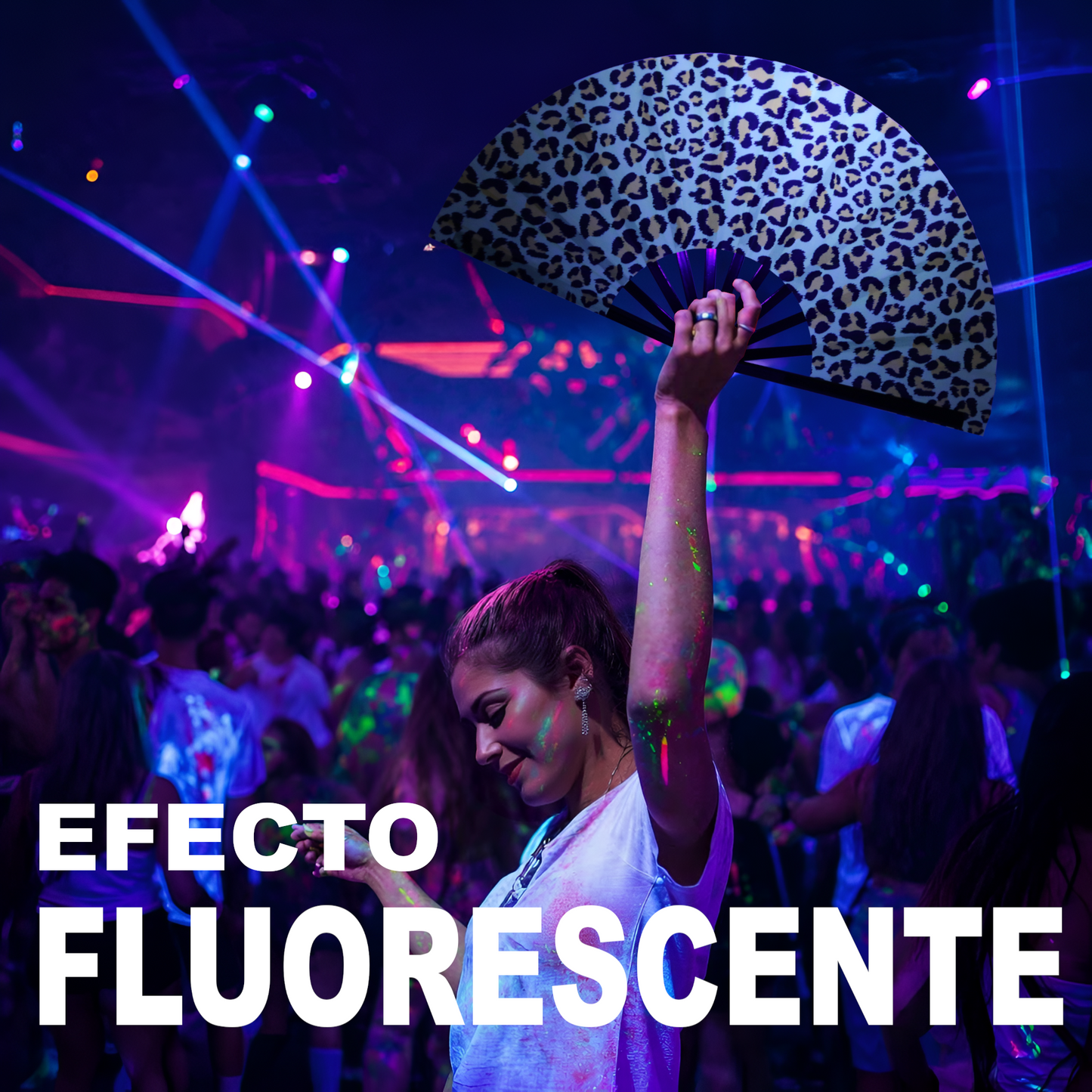 Home Universal® Abanico XXL 33 cm Grande de Plástico con Caja – Plegable, Ligero y Resistente – Efecto Fluorescente Brillante – Ideal para Verano, Fiesta, Discoteca, Pride y Eventos (Leopardo - Natural)
